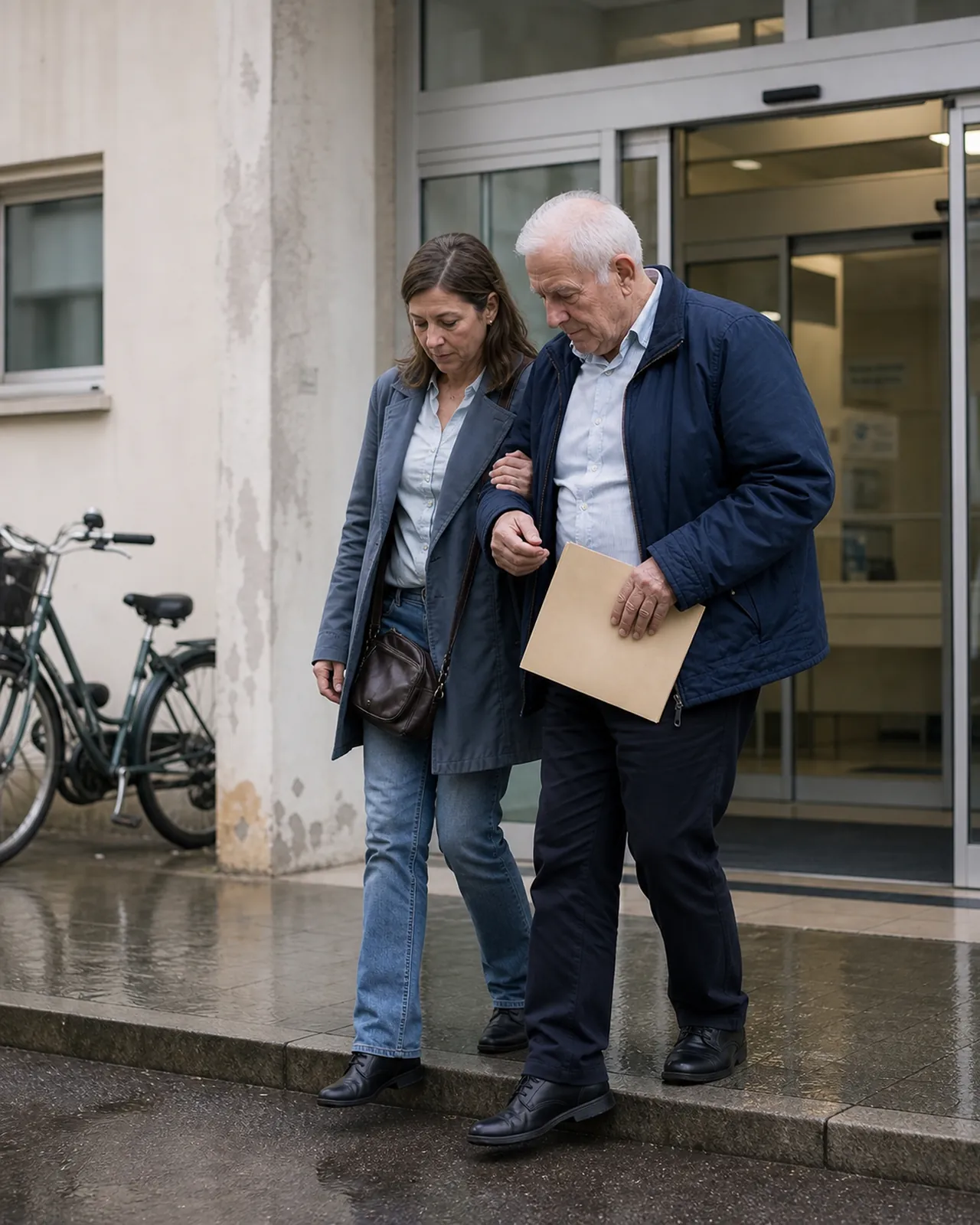 Accompagnatrice aiuta un uomo anziano a uscire dall'ambulatorio a Padova