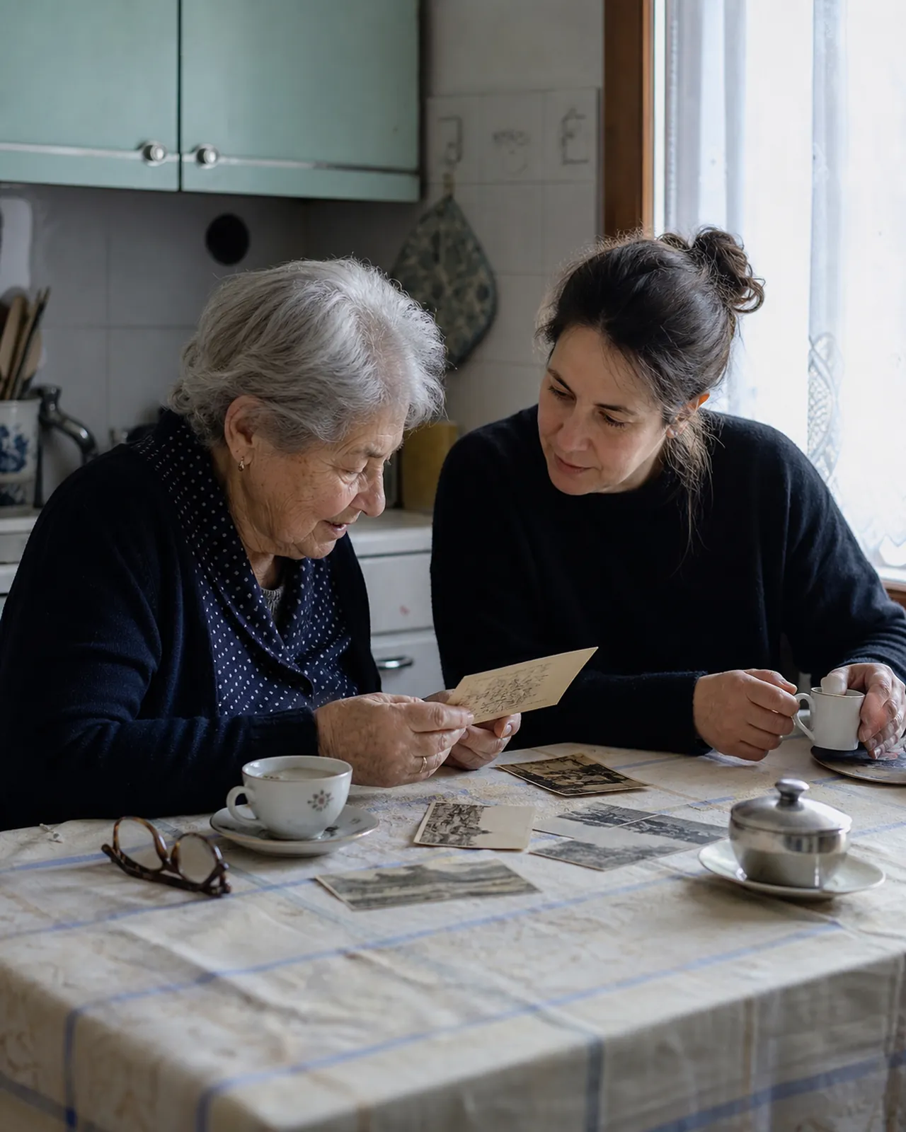 Donna anziana e accompagnatrice guardano fotografie davanti a un tè a Padova