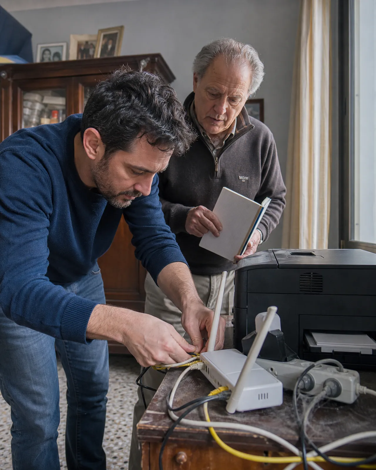 Persona aiuta un uomo anziano a collegare router e stampante in casa a Padova