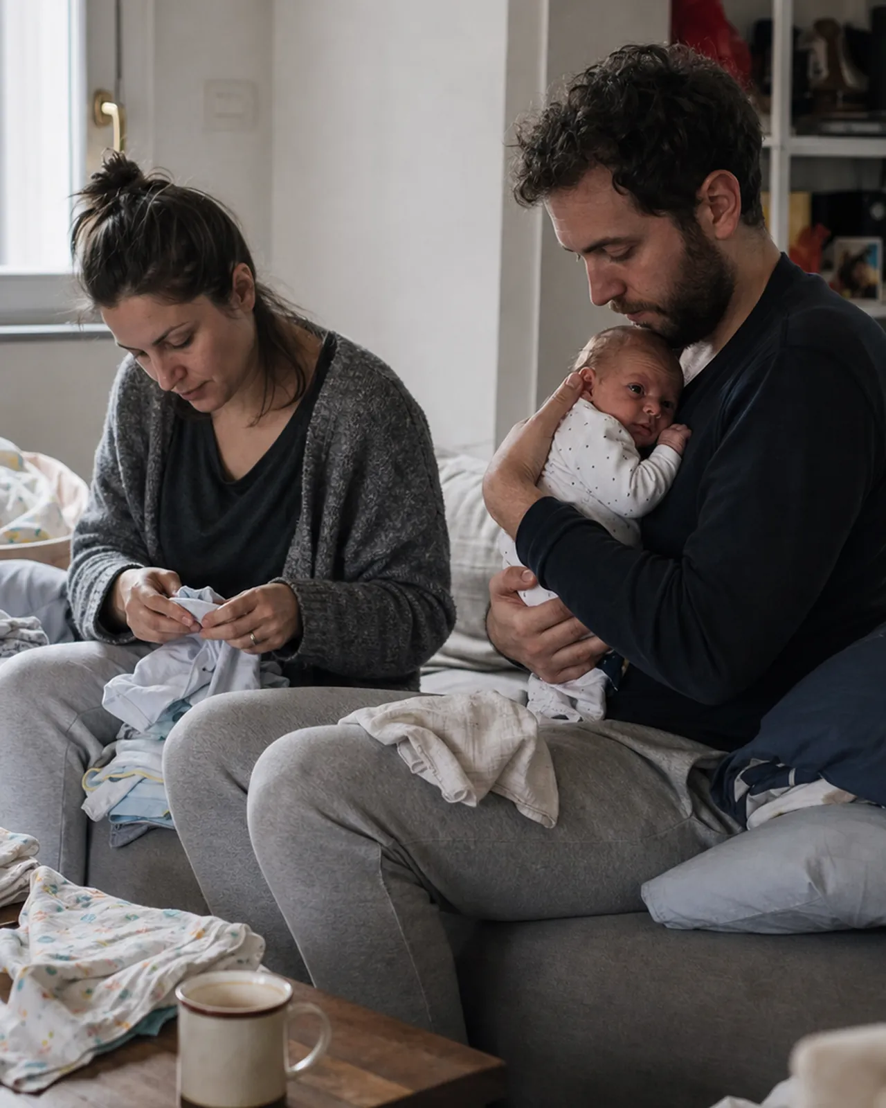 Neogenitori stanchi si occupano del bambino e del bucato nella loro casa a Padova