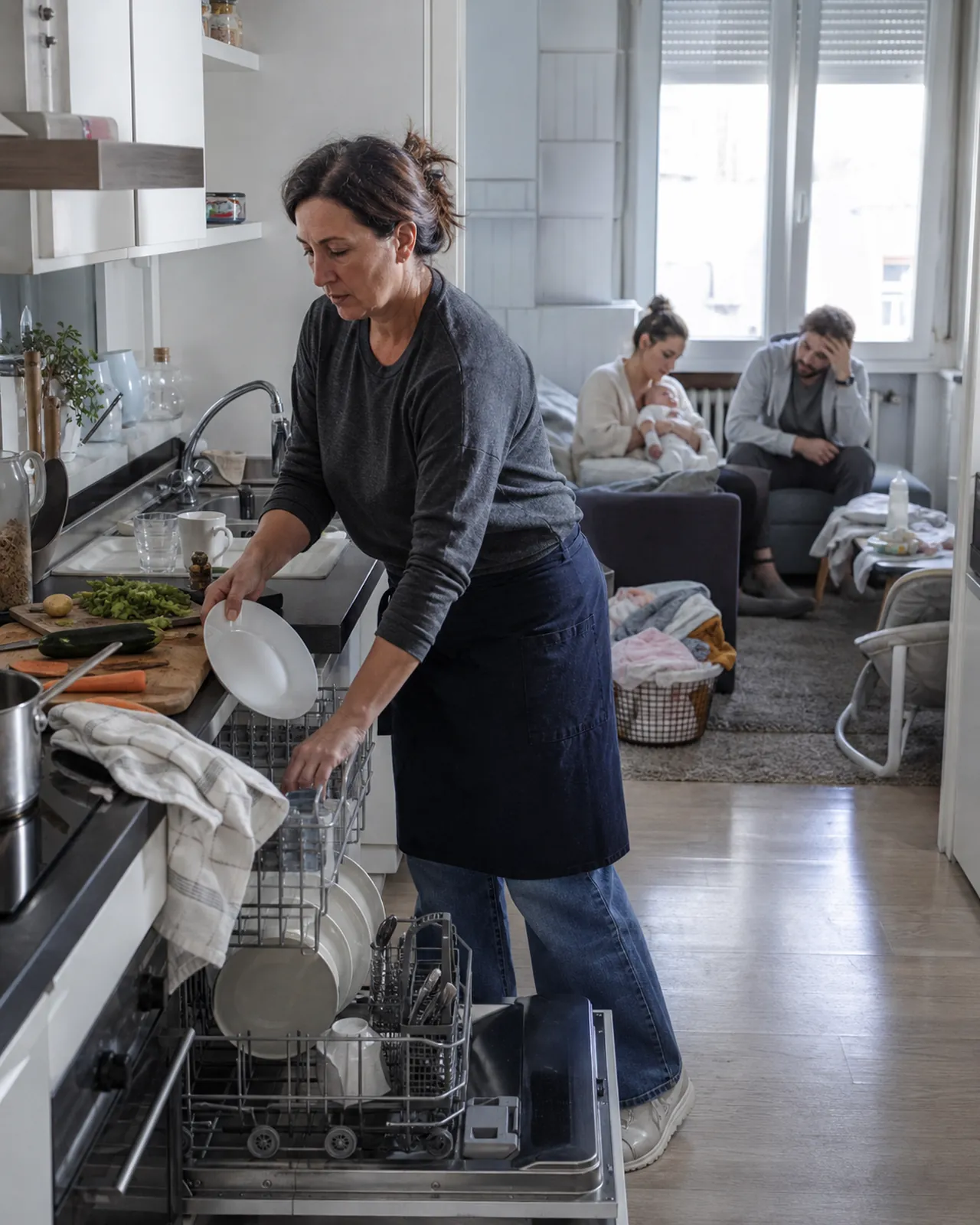 Persona prepara la cucina mentre i neogenitori accudiscono il bambino a Padova