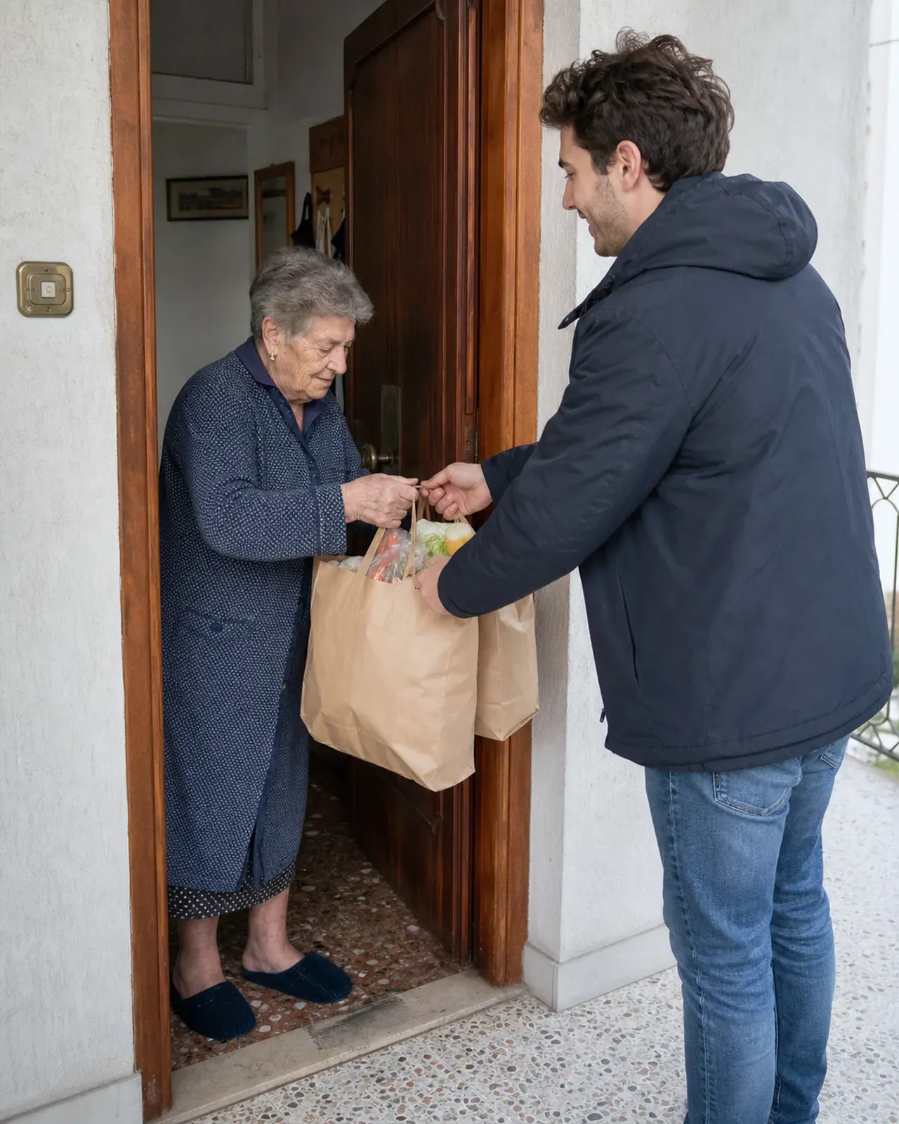 Donna anziana riceve le borse della spesa alla porta di casa a Padova