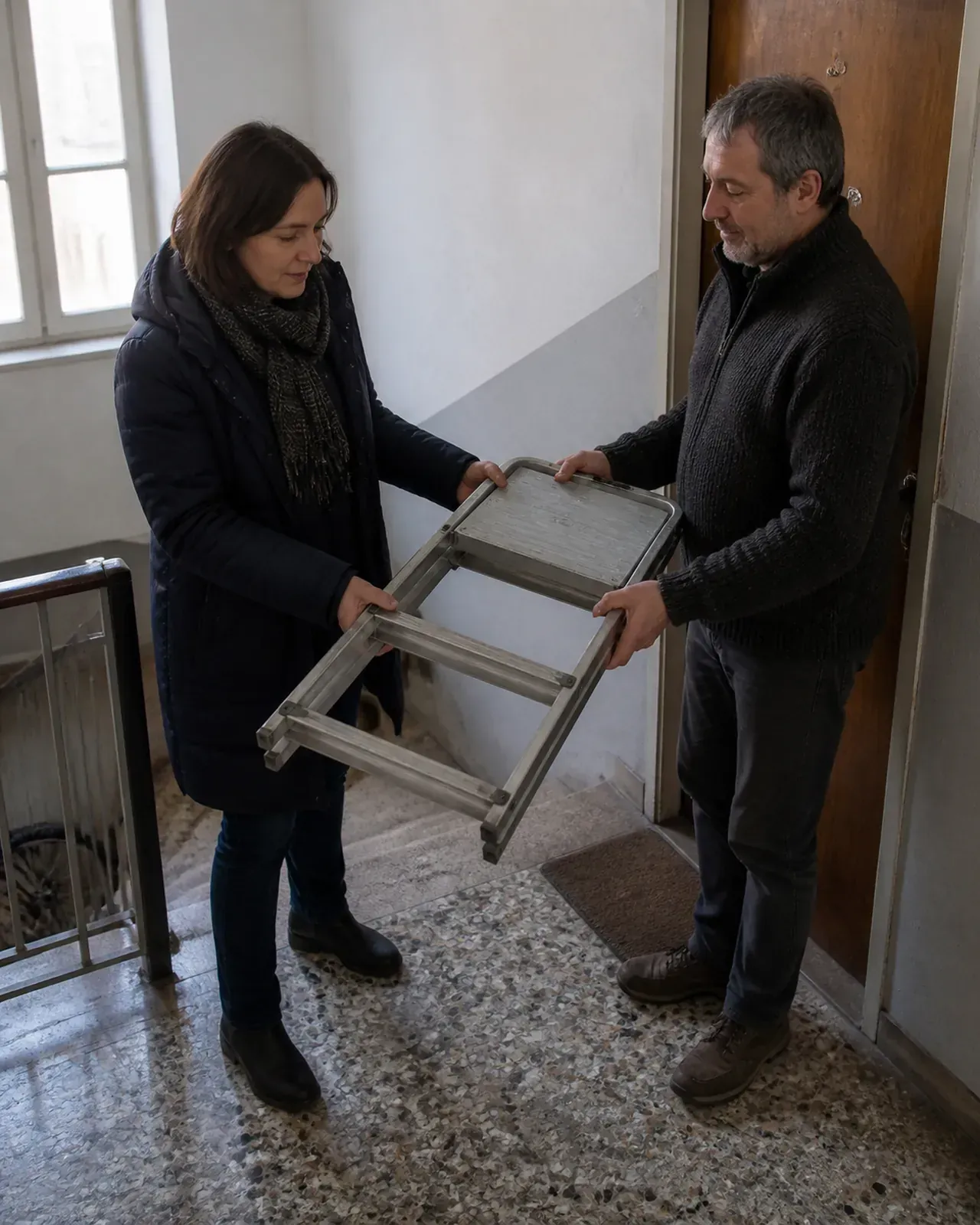 Due vicini si prestano una scaletta sul pianerottolo a Padova