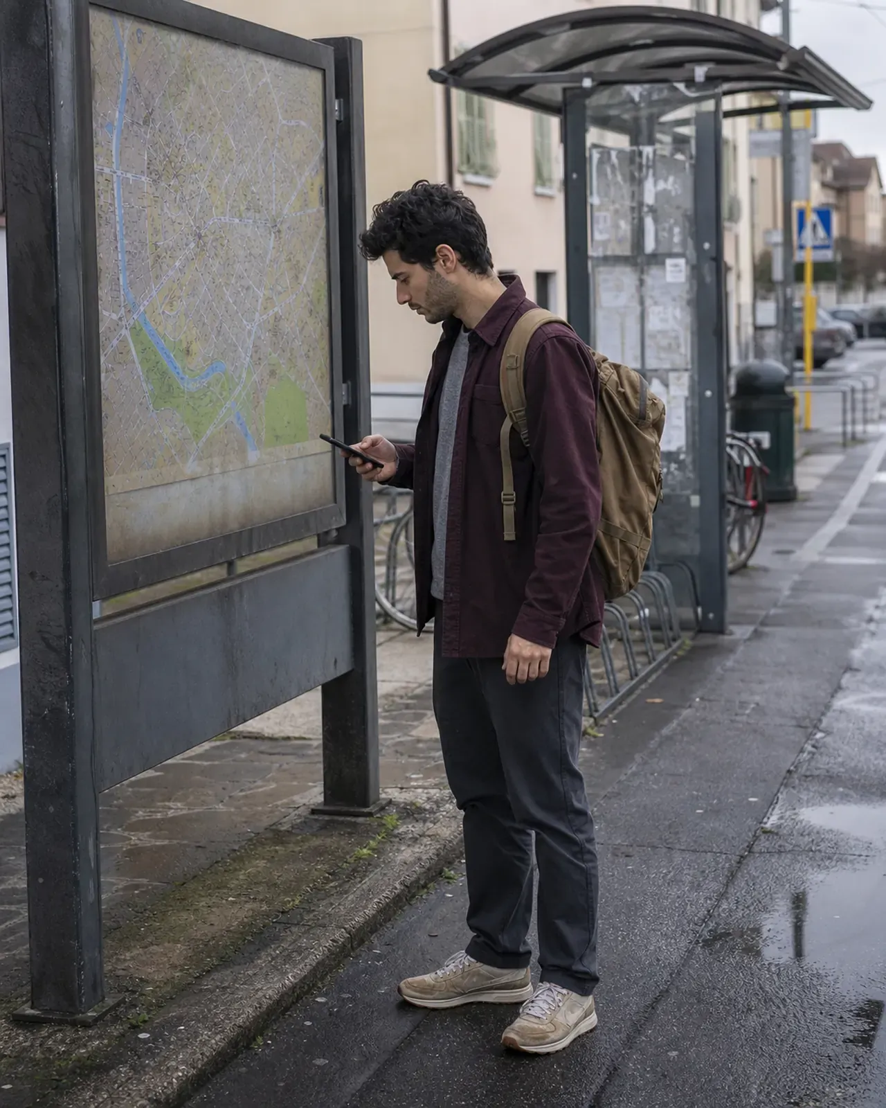 Giovane appena arrivato consulta la mappa a una fermata di Padova