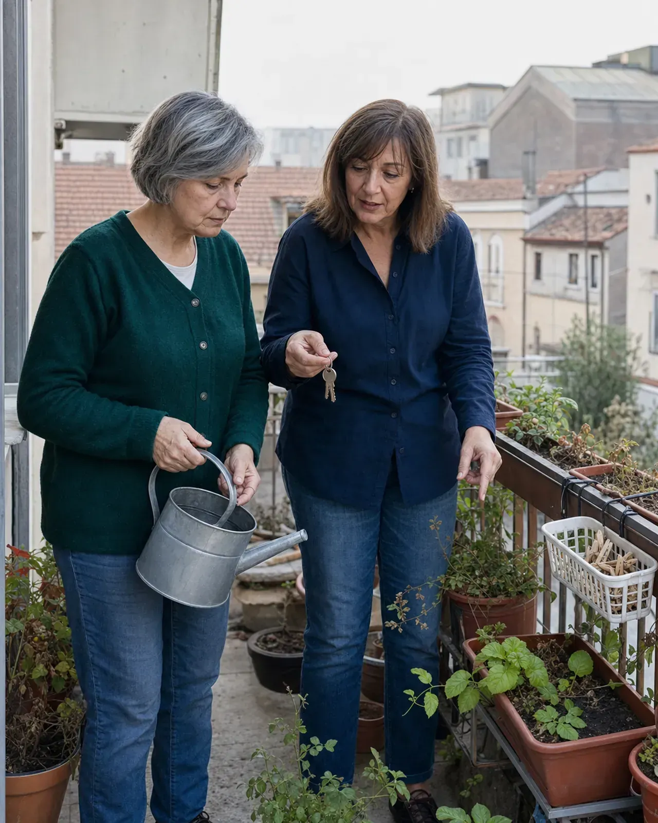 Due vicine si accordano per annaffiare le piante su un balcone a Padova
