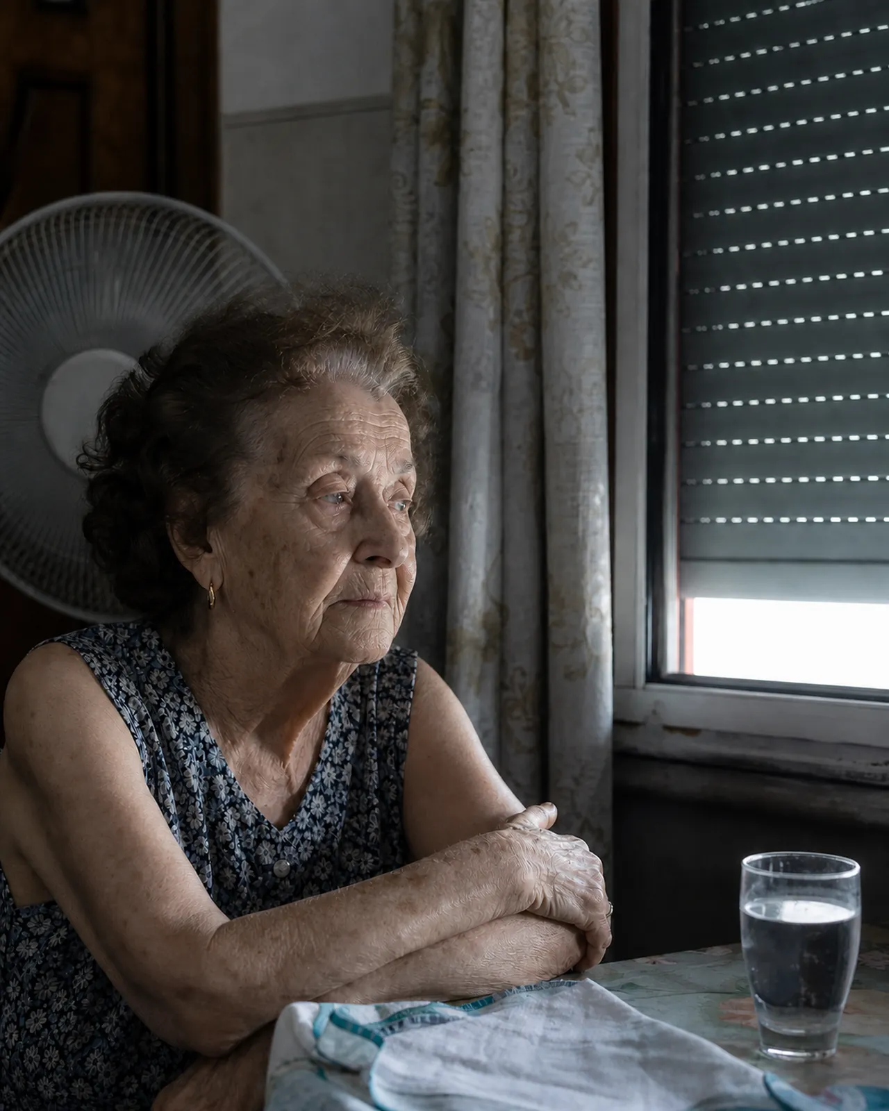 Donna anziana riposa vicino alla finestra durante il caldo a Padova