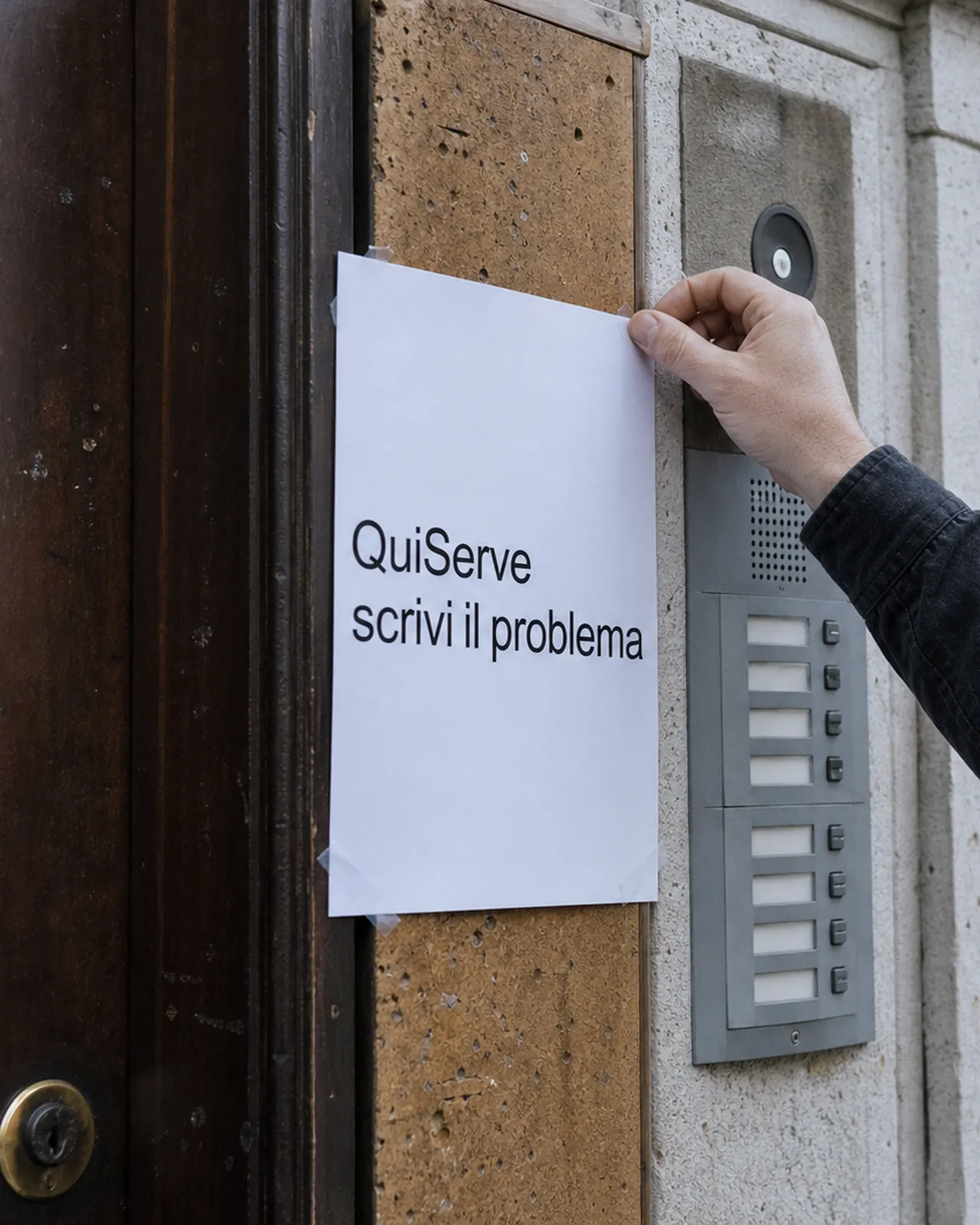 Autore affigge un invito QuiServe all'ingresso di un palazzo a Padova