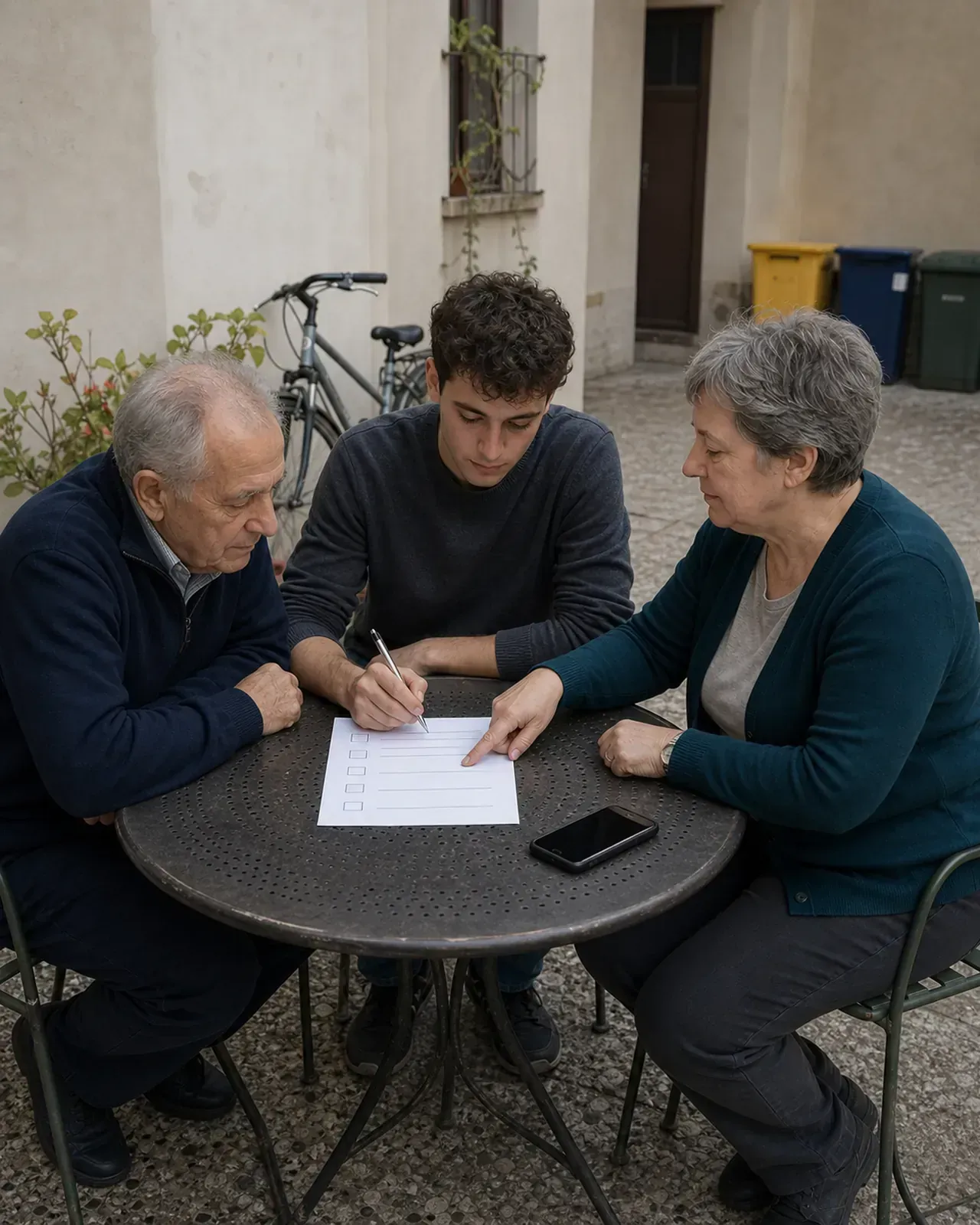 Tre vicini organizzano piccoli aiuti attorno a un tavolo a Padova