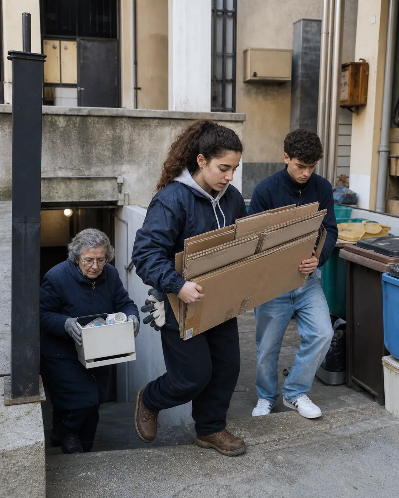 Adolescenti aiutano una residente a portare cartoni fuori da una cantina a Padova