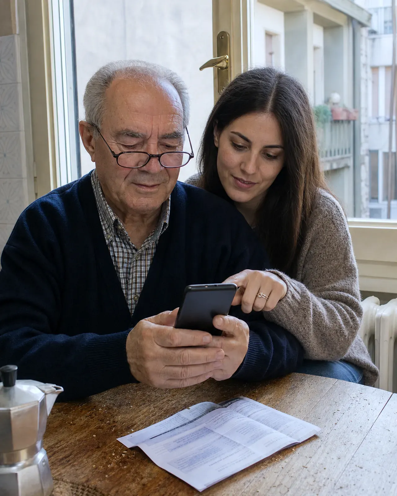 Nipote mostra a un anziano dove toccare sul telefono a Padova