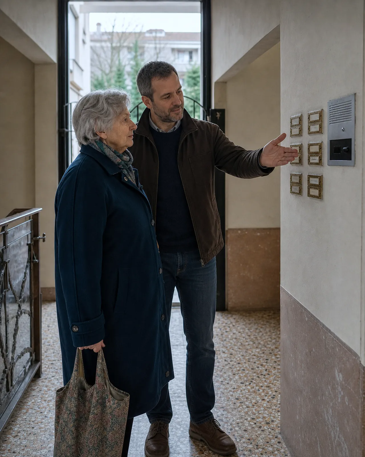 Vicino accompagna con calma una donna anziana verso casa a Padova