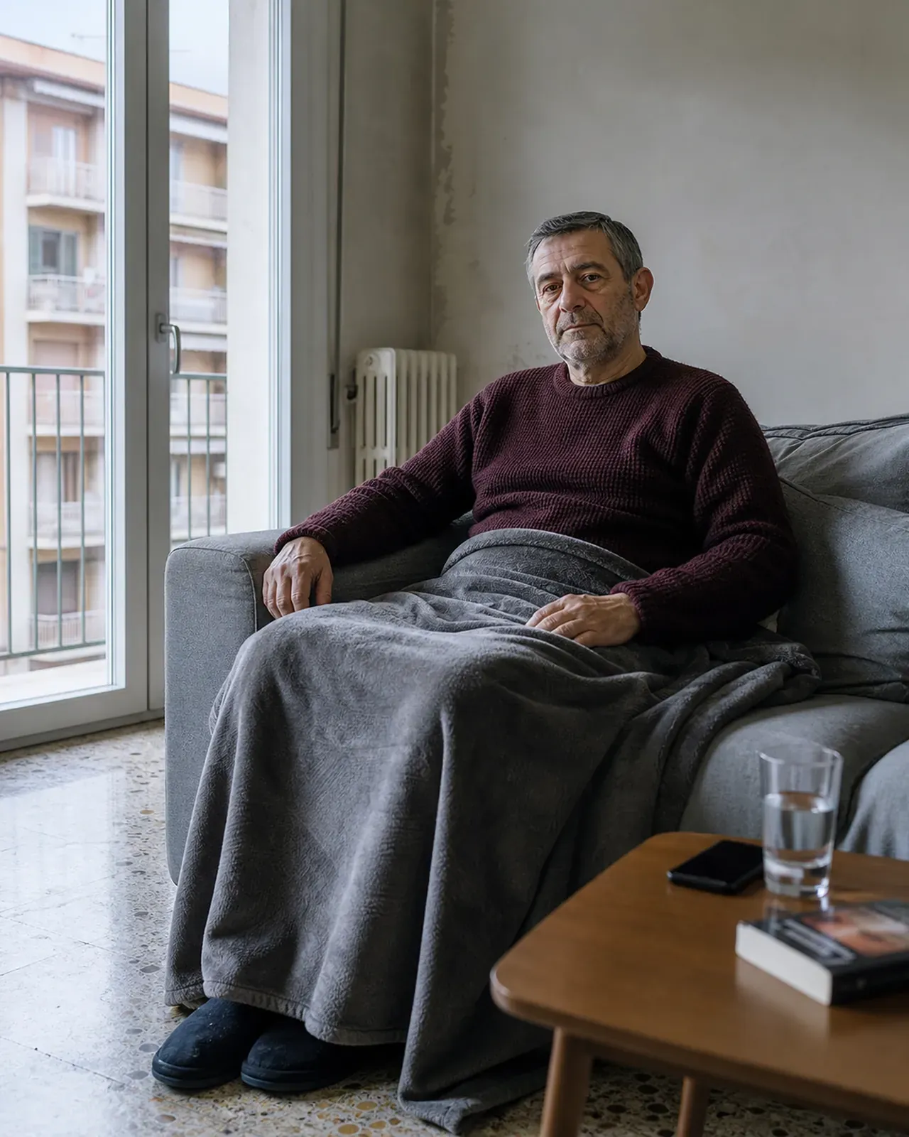 Uomo in convalescenza riposa sul divano nella sua casa a Padova