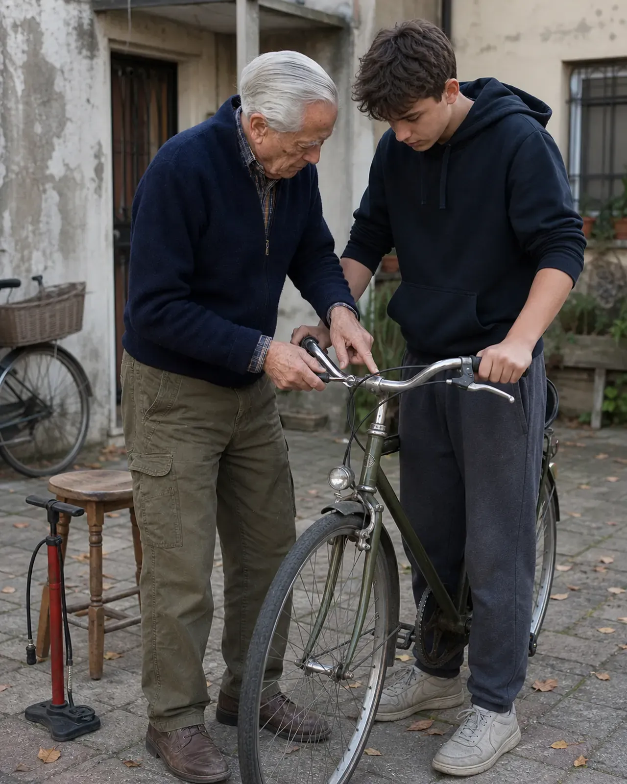 Pensionato spiega a un ragazzo come regolare il freno di una bicicletta a Padova