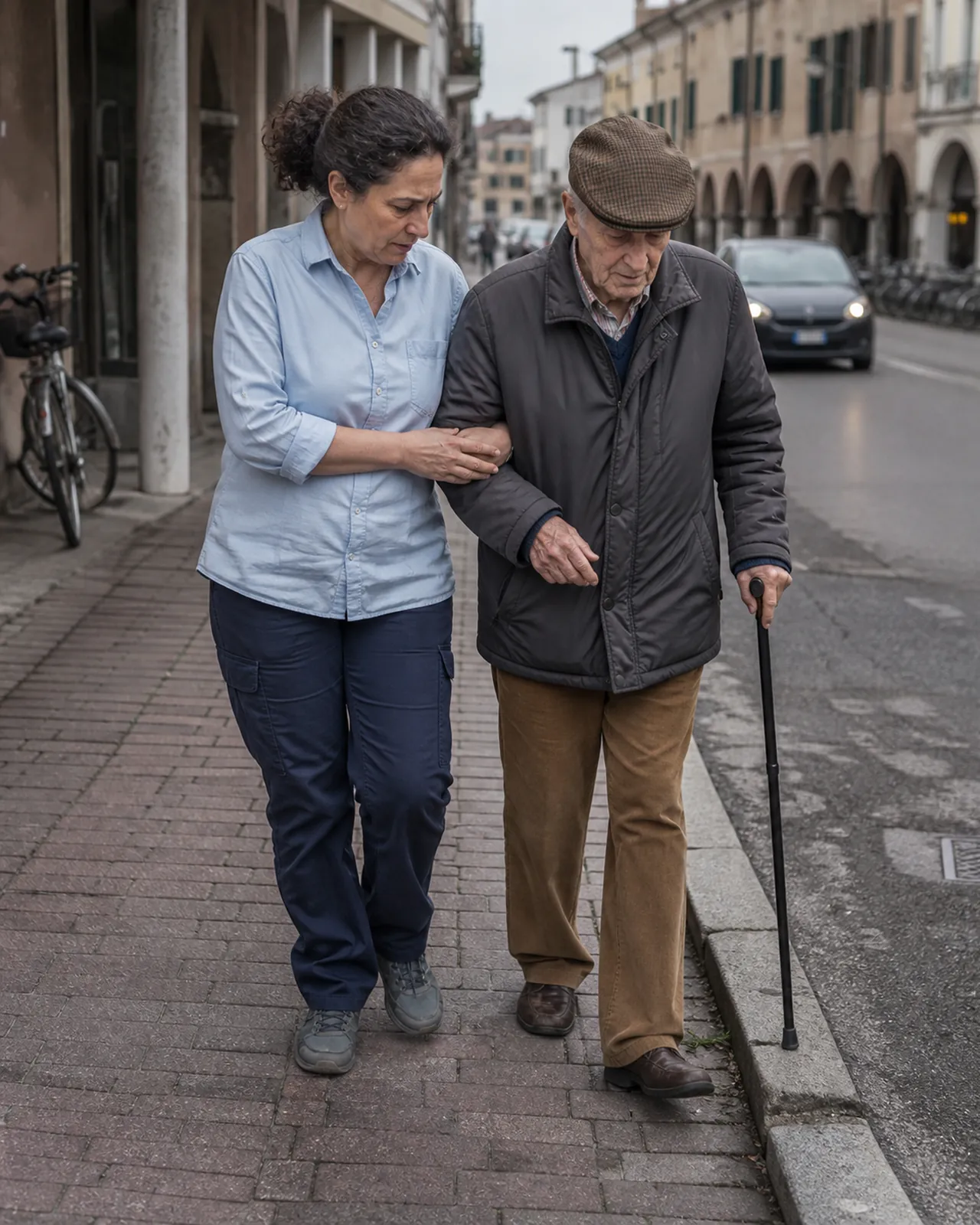 Assistente accompagna un uomo anziano sul marciapiede a Padova