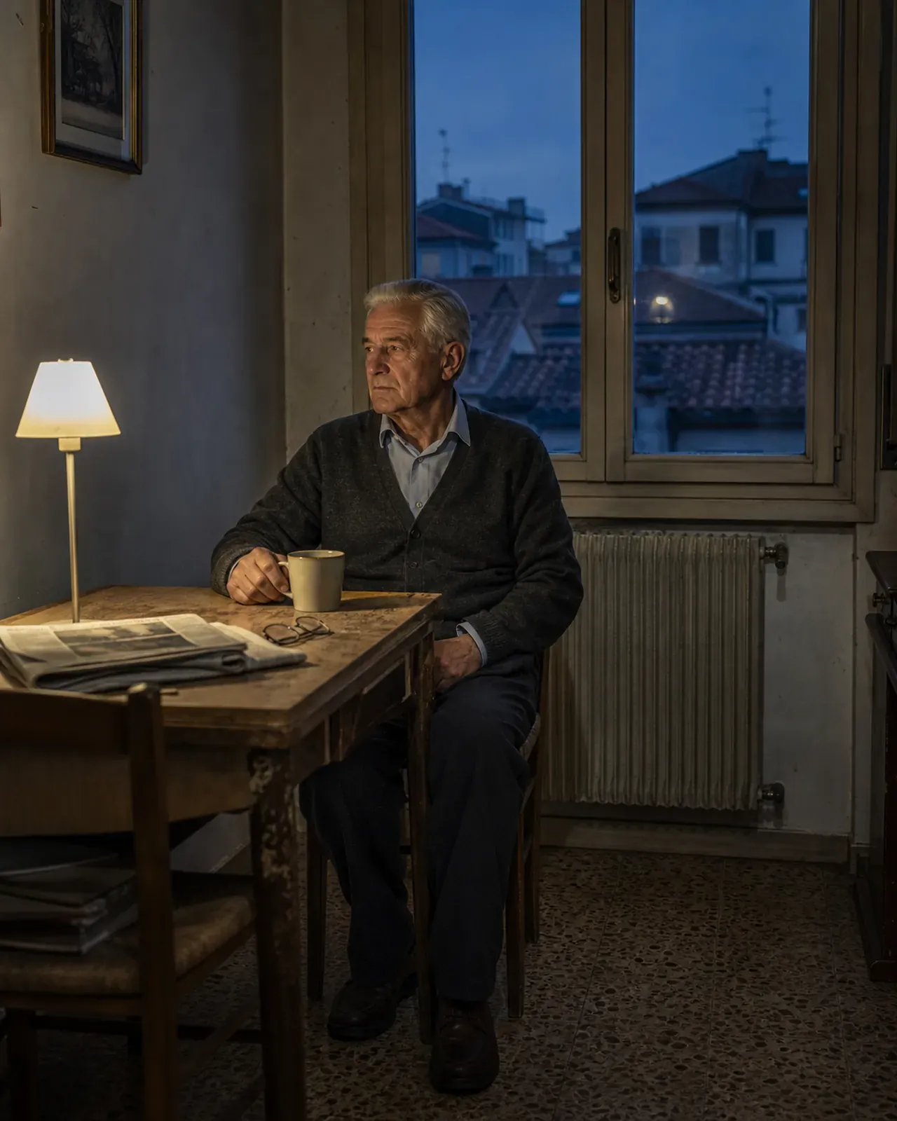 Anziano solo a tavola la sera nel suo appartamento a Padova
