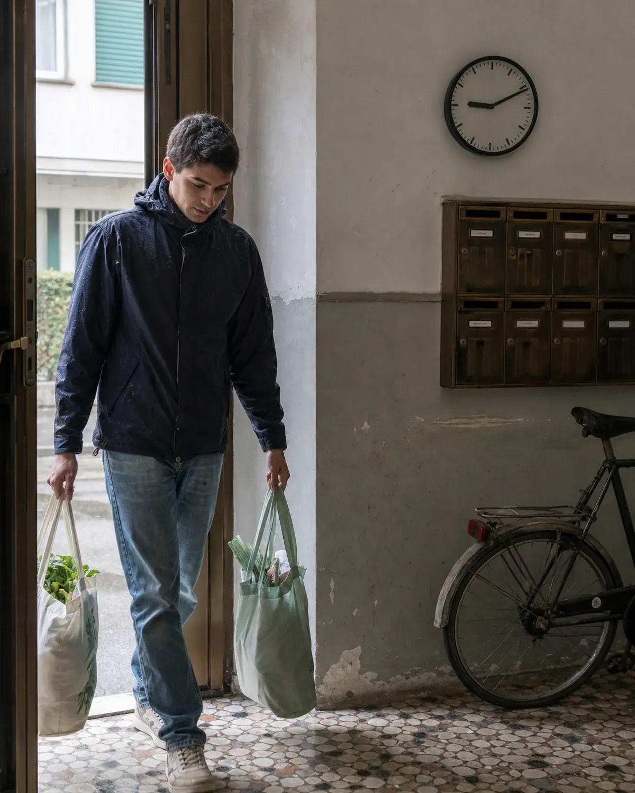 Giovane porta la spesa entrando in un condominio di Padova al mattino