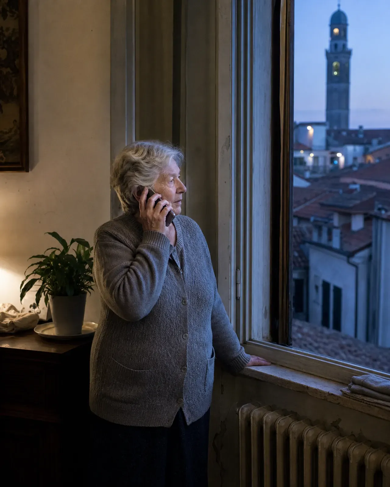 Donna anziana parla al telefono davanti a una finestra di Padova la sera