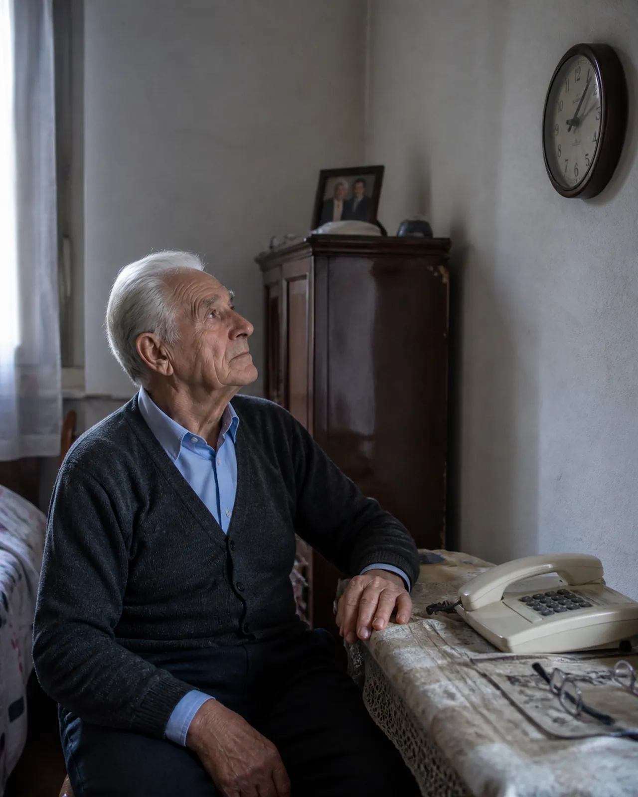 Uomo anziano aspetta la telefonata concordata nella sua casa a Padova