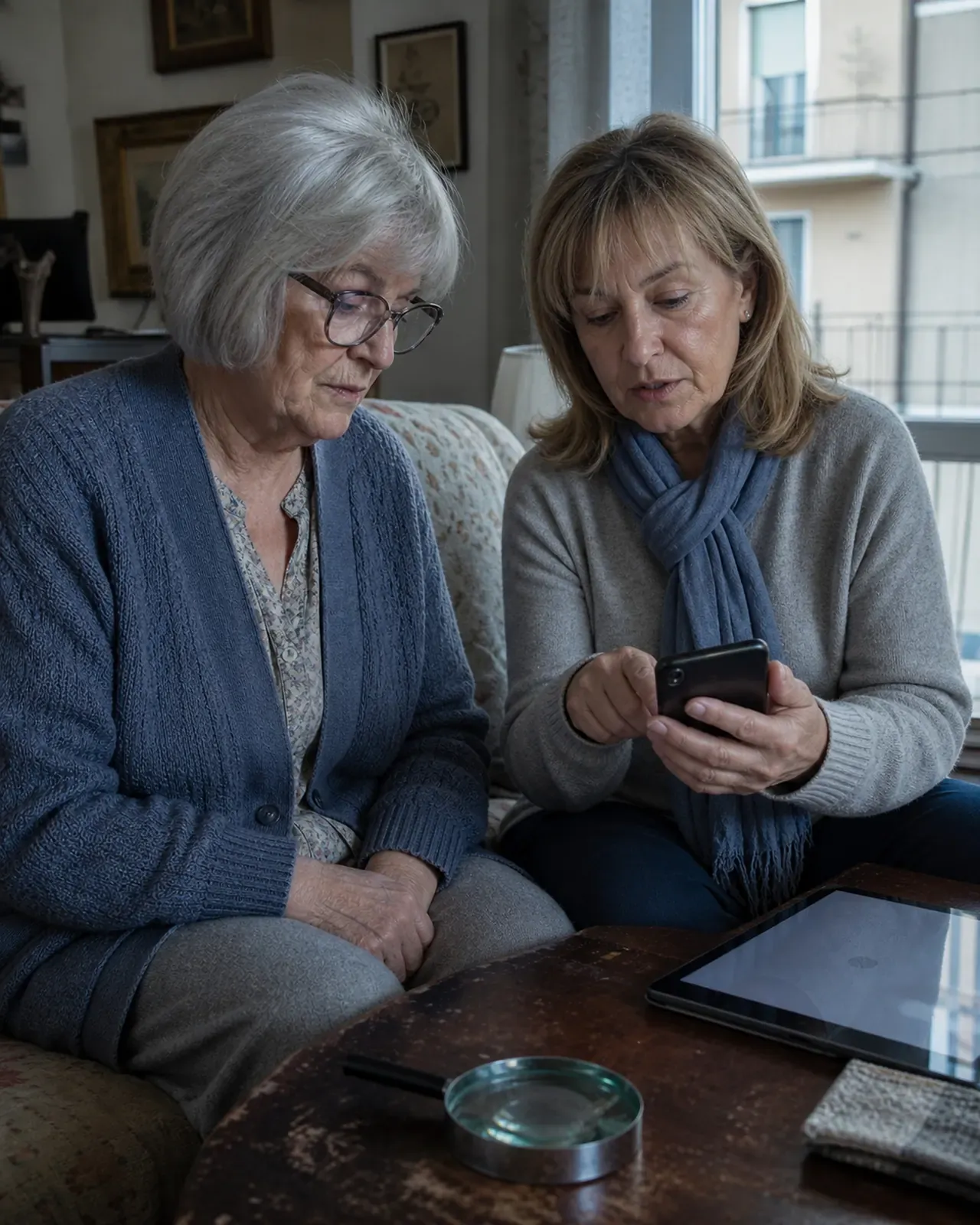 Vicina legge il telefono accanto a una donna anziana a Padova