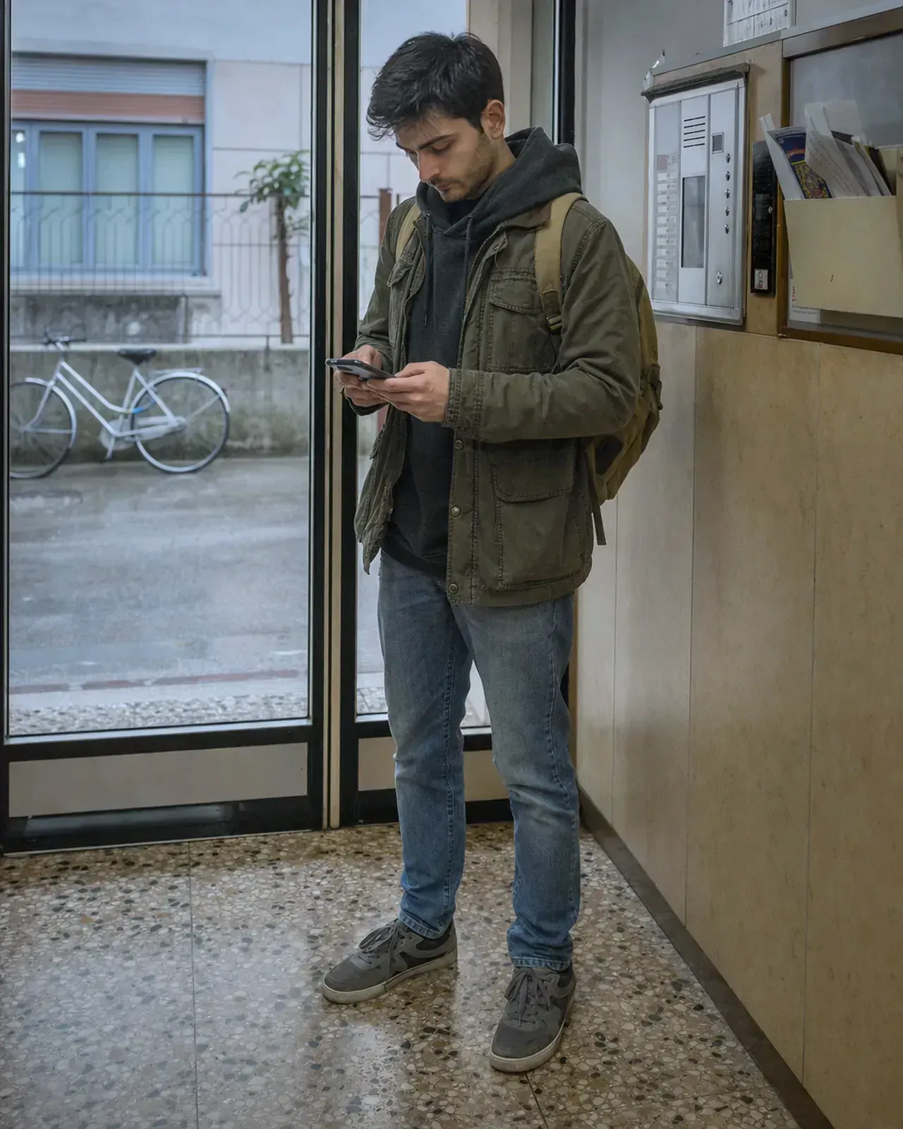 Giovane legge sul telefono una richiesta di aiuto in un condominio dell'Arcella a Padova