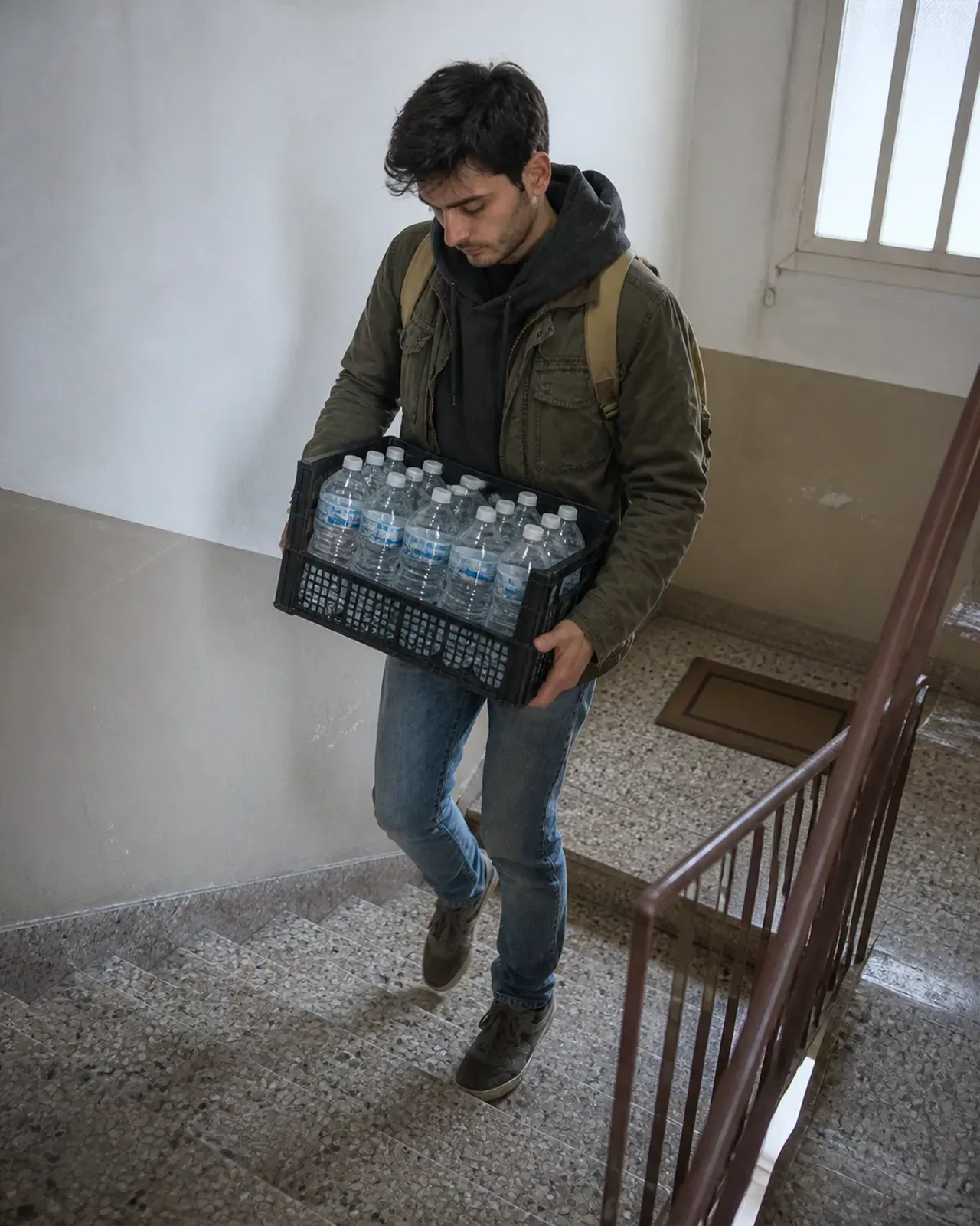 Giovane porta una cassa d'acqua sulle scale di un condominio a Padova