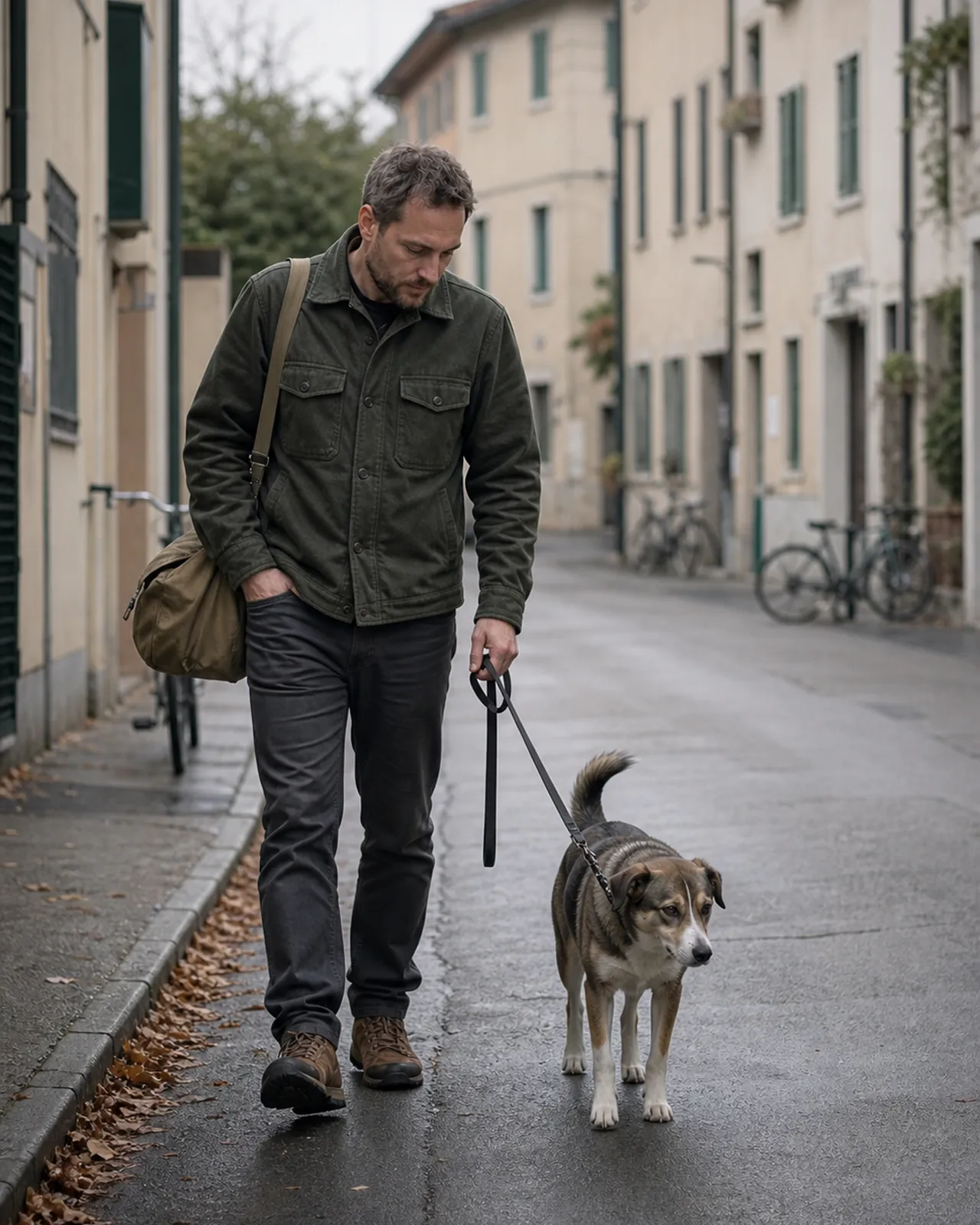 Lo stesso uomo porta un cane al guinzaglio durante un lavoro a Padova