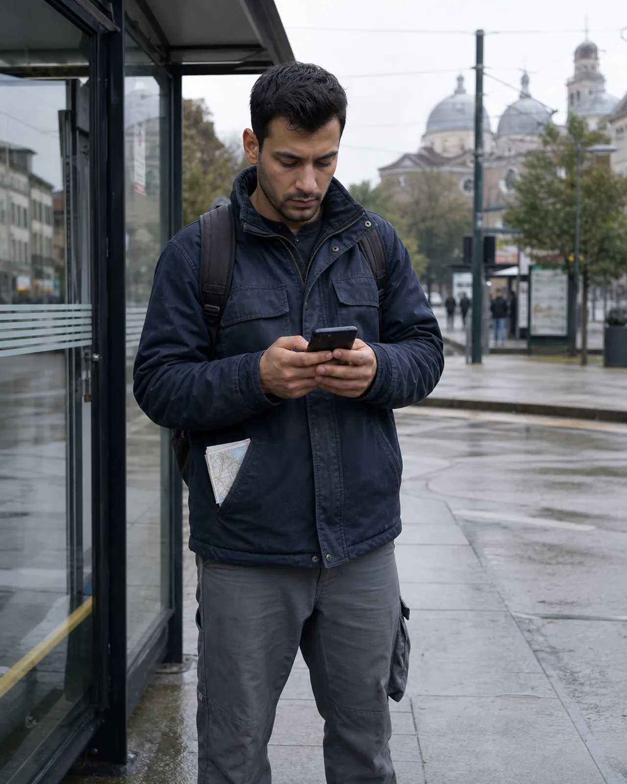 Uomo appena arrivato cerca lavoretti sul telefono a una fermata di Padova