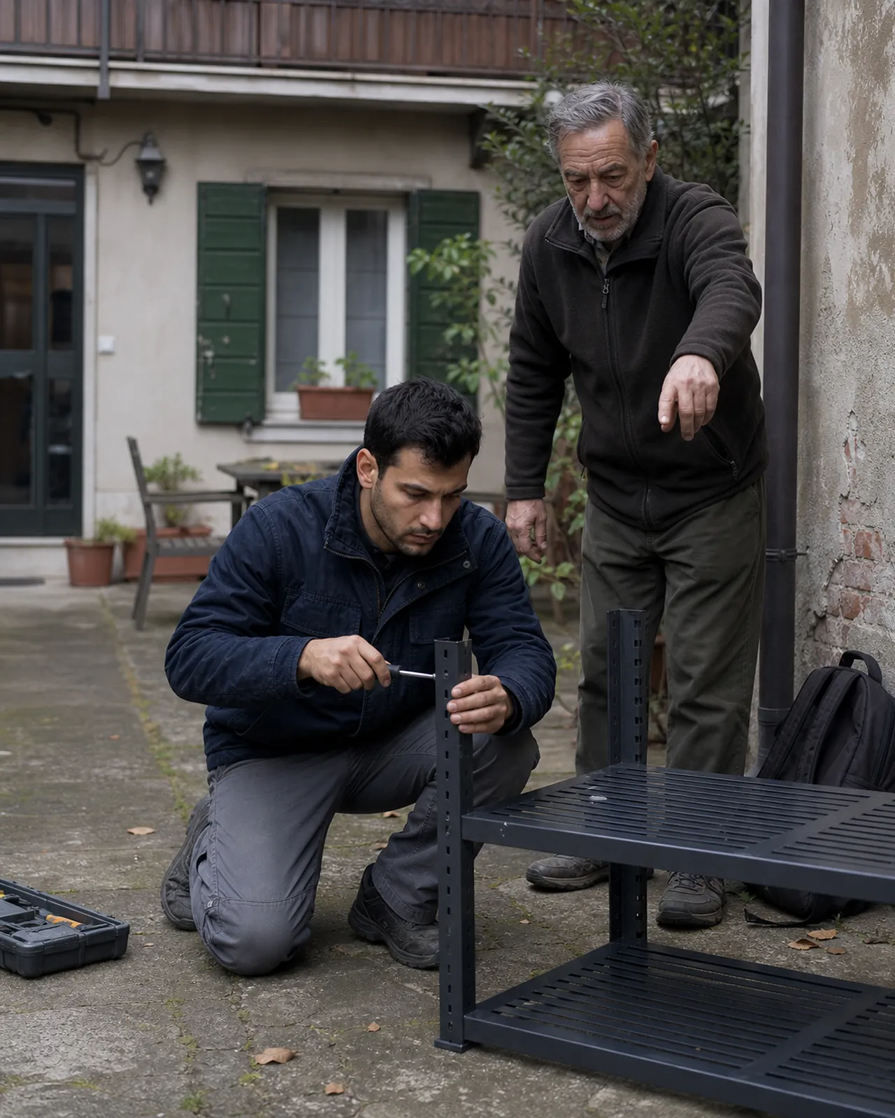 Lo stesso uomo monta uno scaffale durante un lavoro in un cortile a Padova