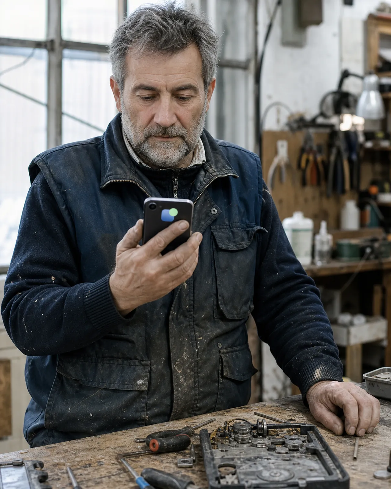 Artigiano legge sul telefono una nuova richiesta di lavoro nella sua bottega a Padova