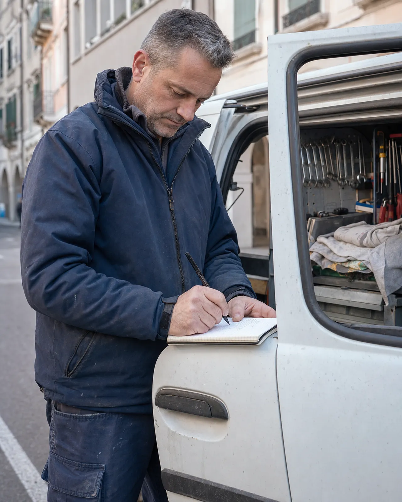 Artigiano annota i limiti del lavoro accanto al furgone a Padova