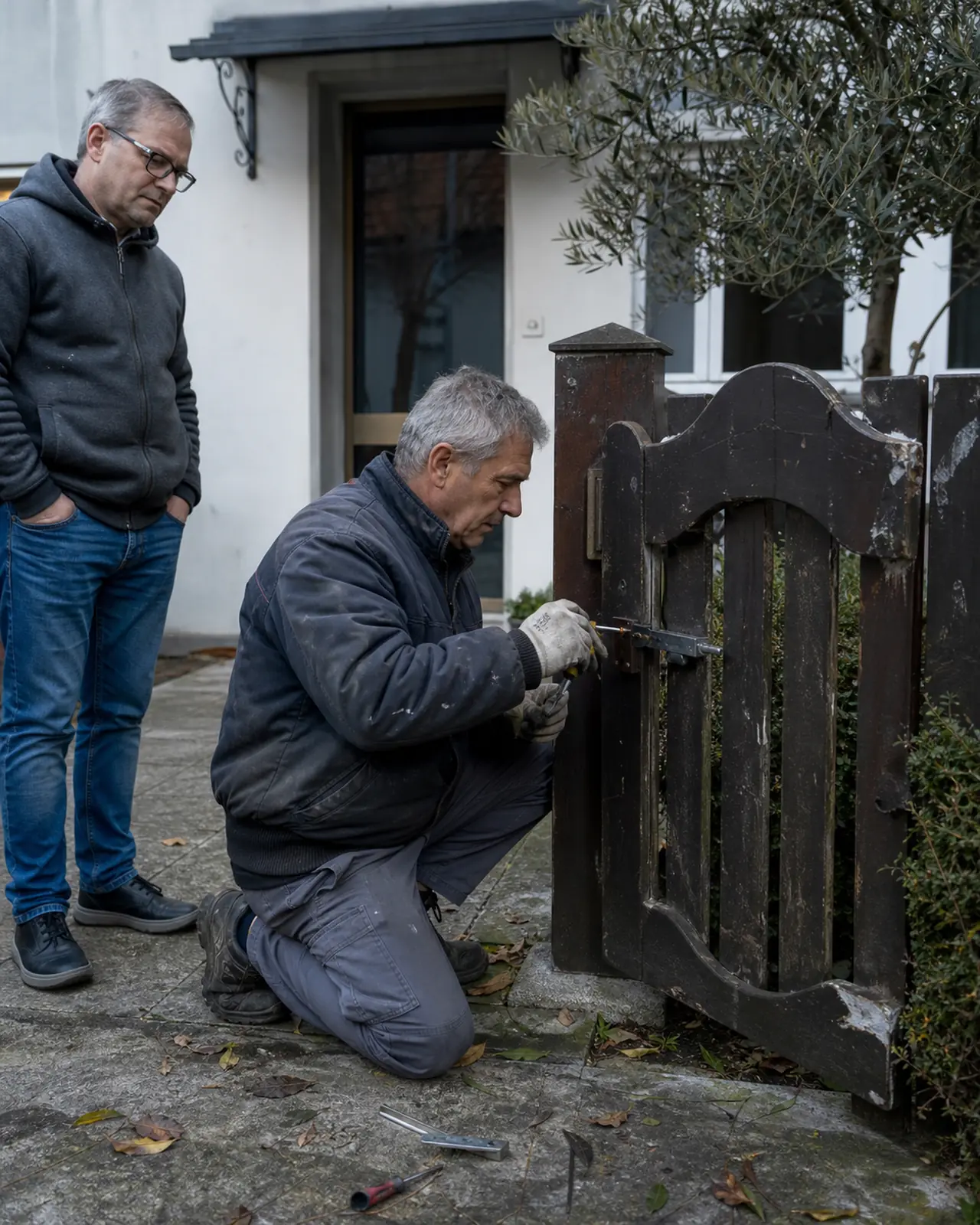 Persona ripara il fermo di un cancello durante un piccolo lavoro a Padova