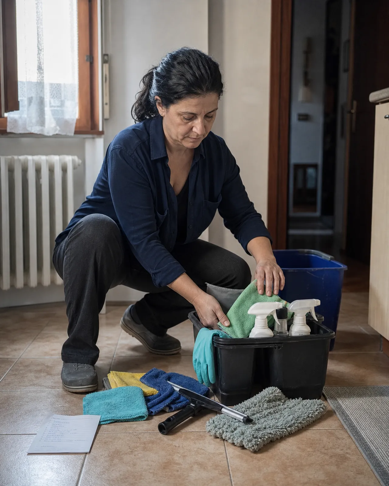 Donna prepara il materiale prima di un lavoro di pulizie a Padova