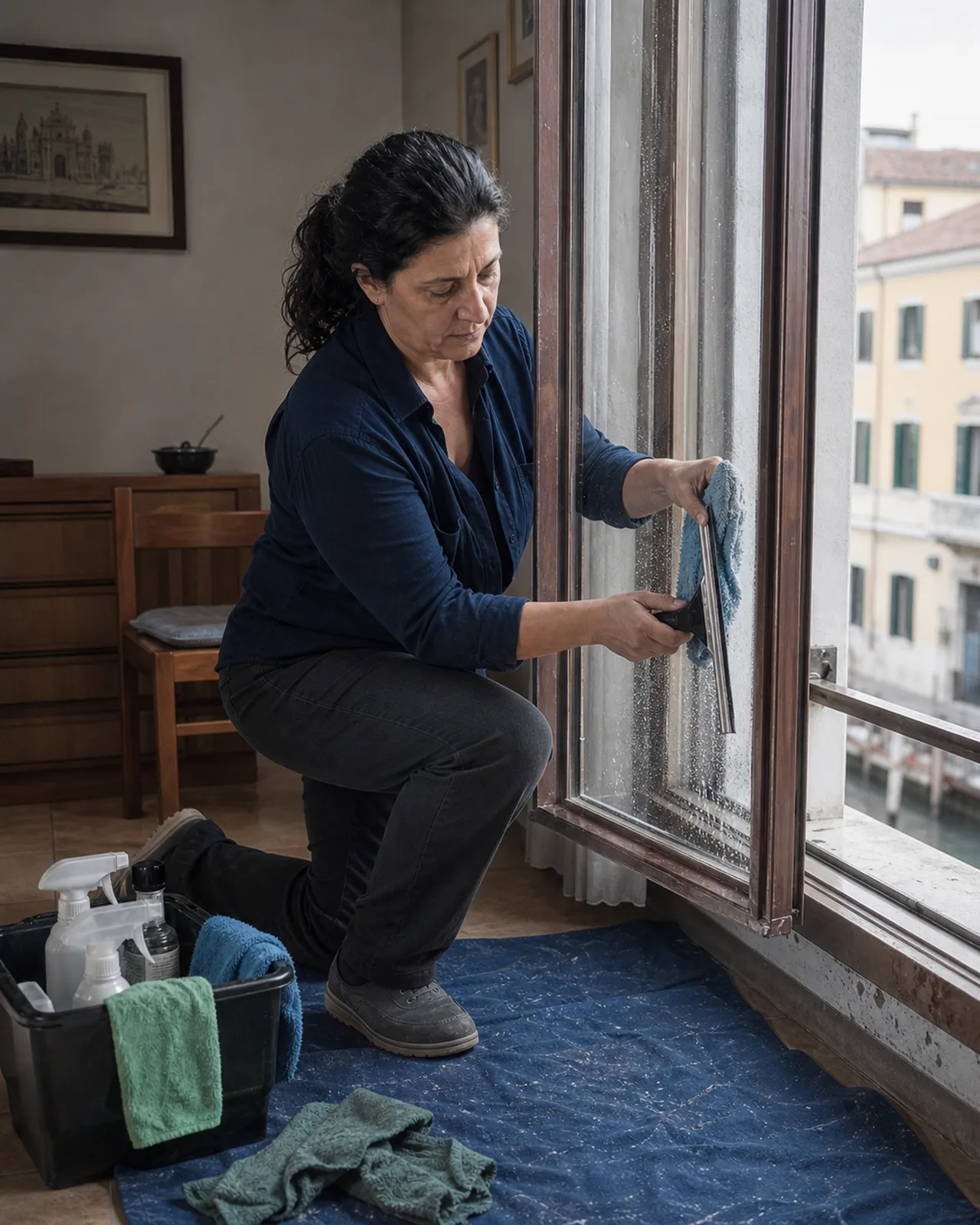 La stessa donna pulisce una finestra in un appartamento a Padova