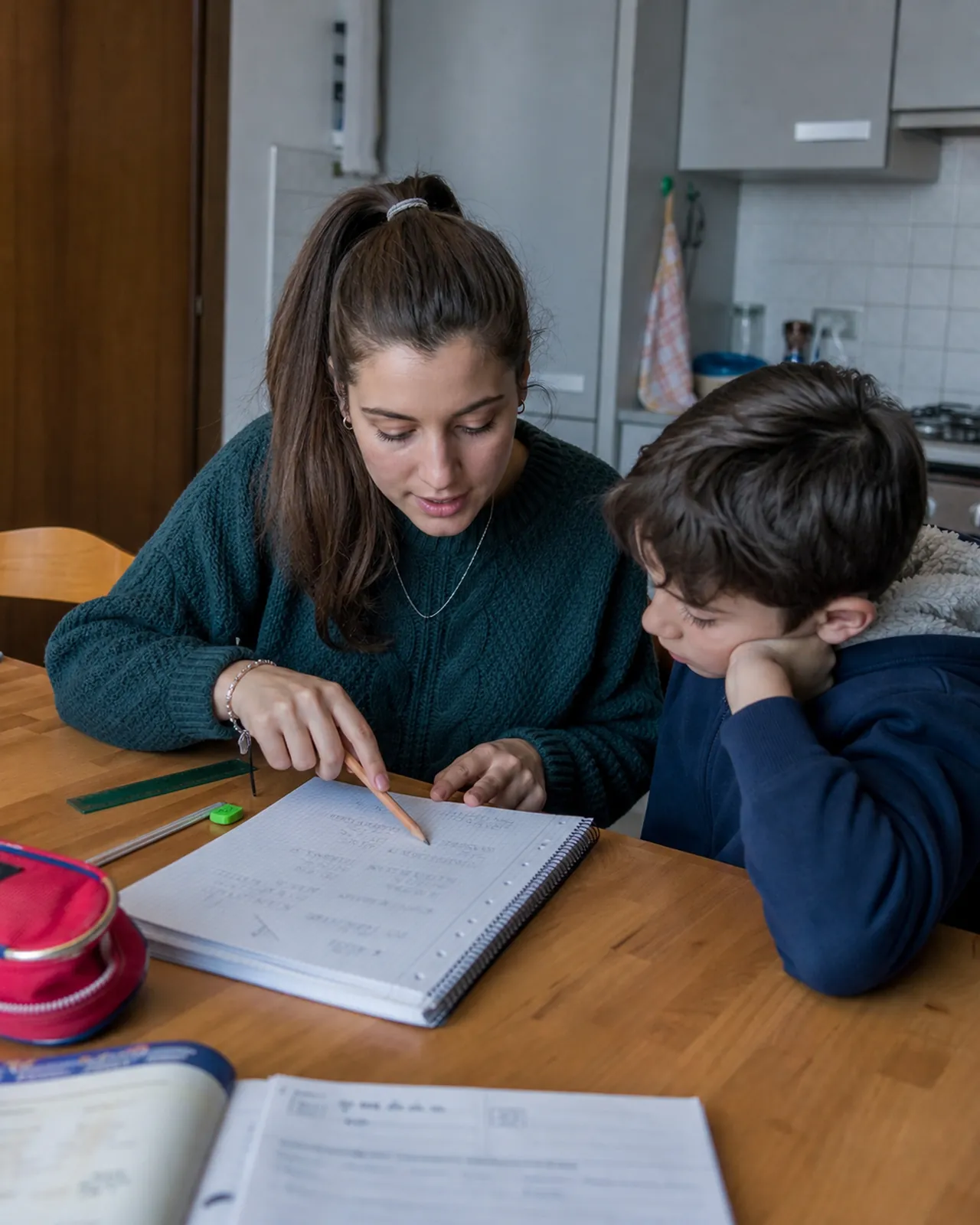 Studentessa aiuta un bambino con i compiti a casa a Padova