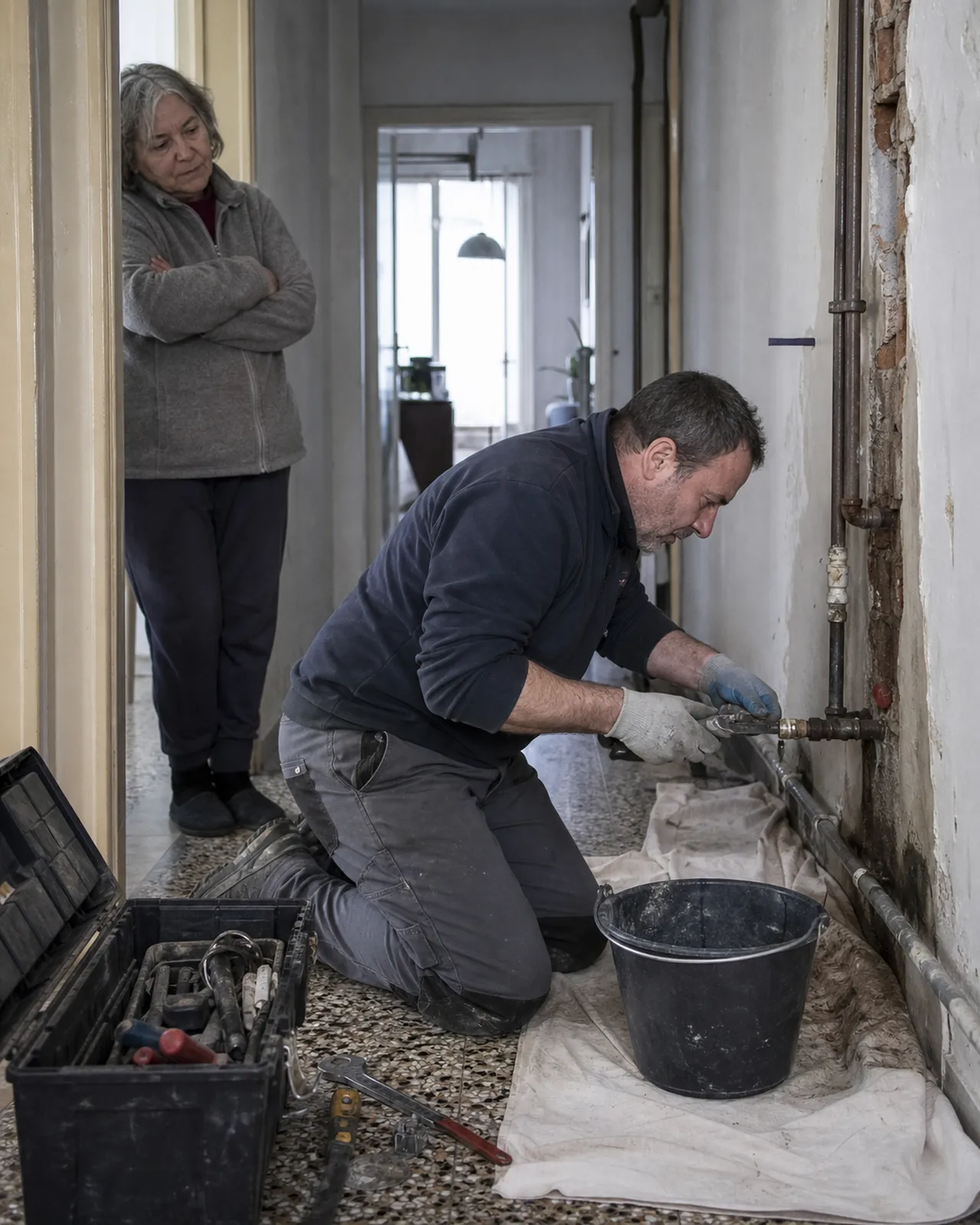 Artigiano ripara una vecchia tubazione in un appartamento di Padova