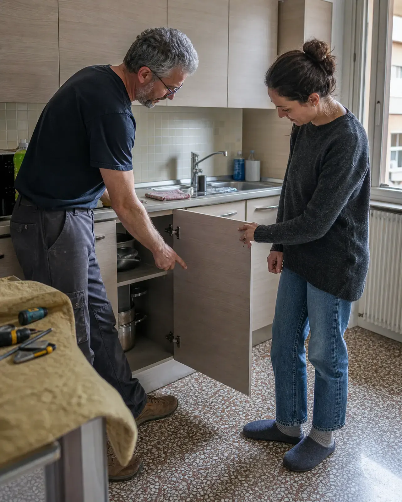 Artigiano mostra alla cliente il risultato di una riparazione in una cucina a Padova
