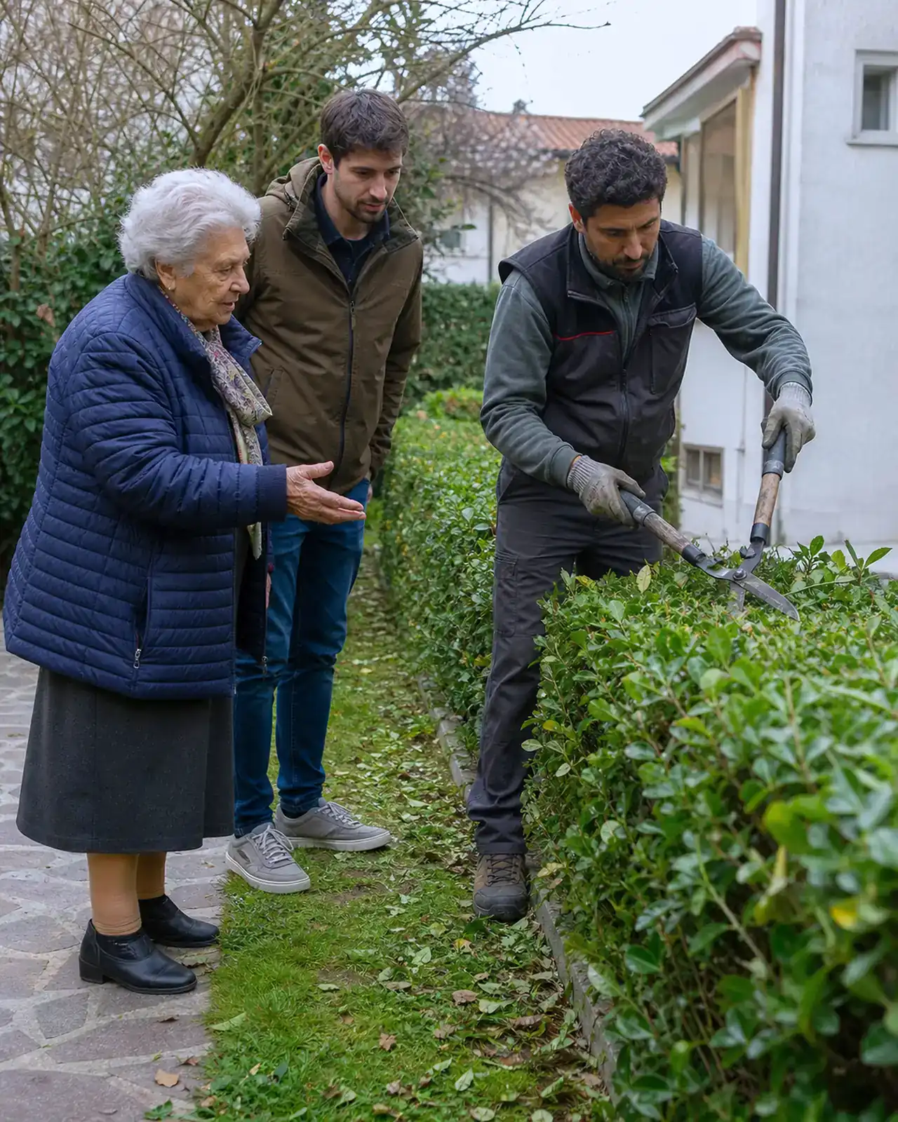 Famiglia di Padova parla con la persona che svolge un piccolo lavoro di giardinaggio