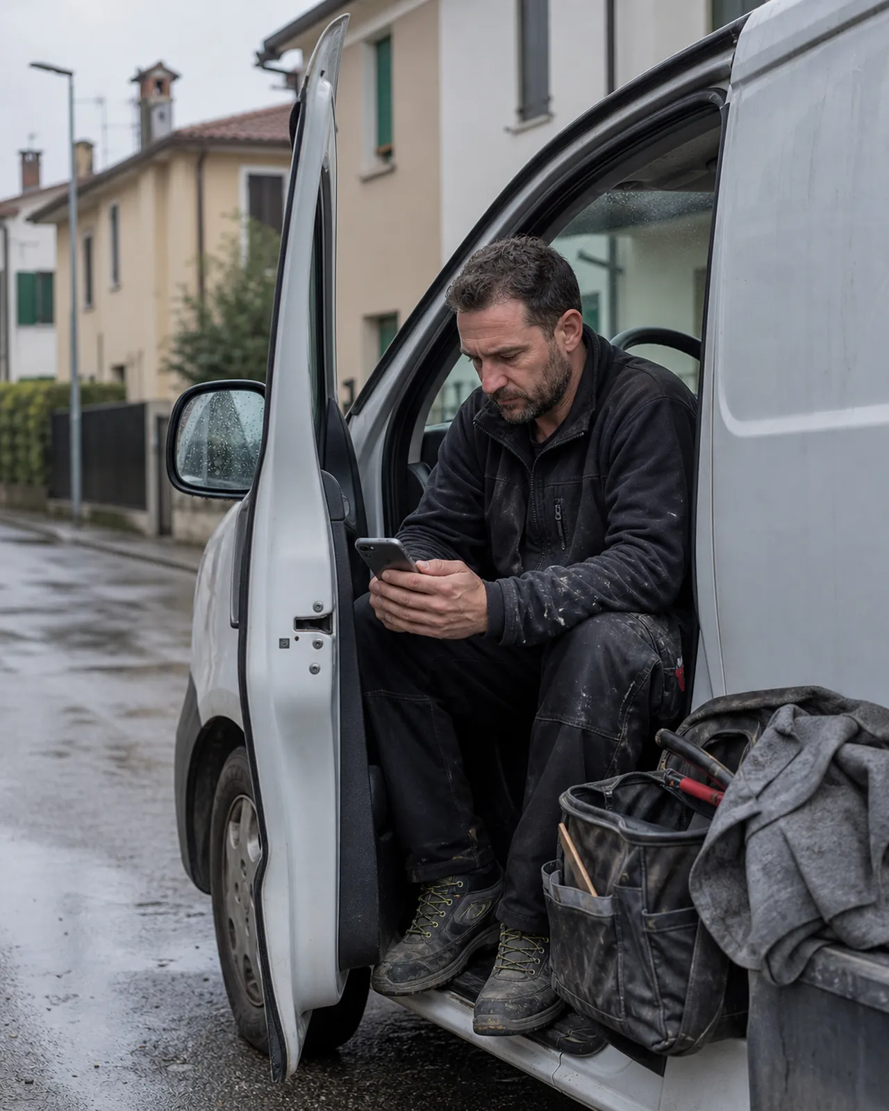 Professionista completa una recensione dopo il lavoro nel suo furgone a Padova