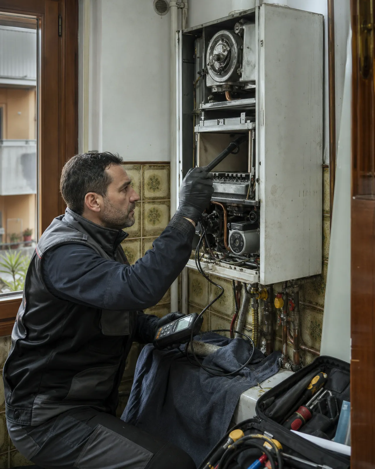 Tecnico abilitato controlla una caldaia prima dell'inverno in una casa a Padova