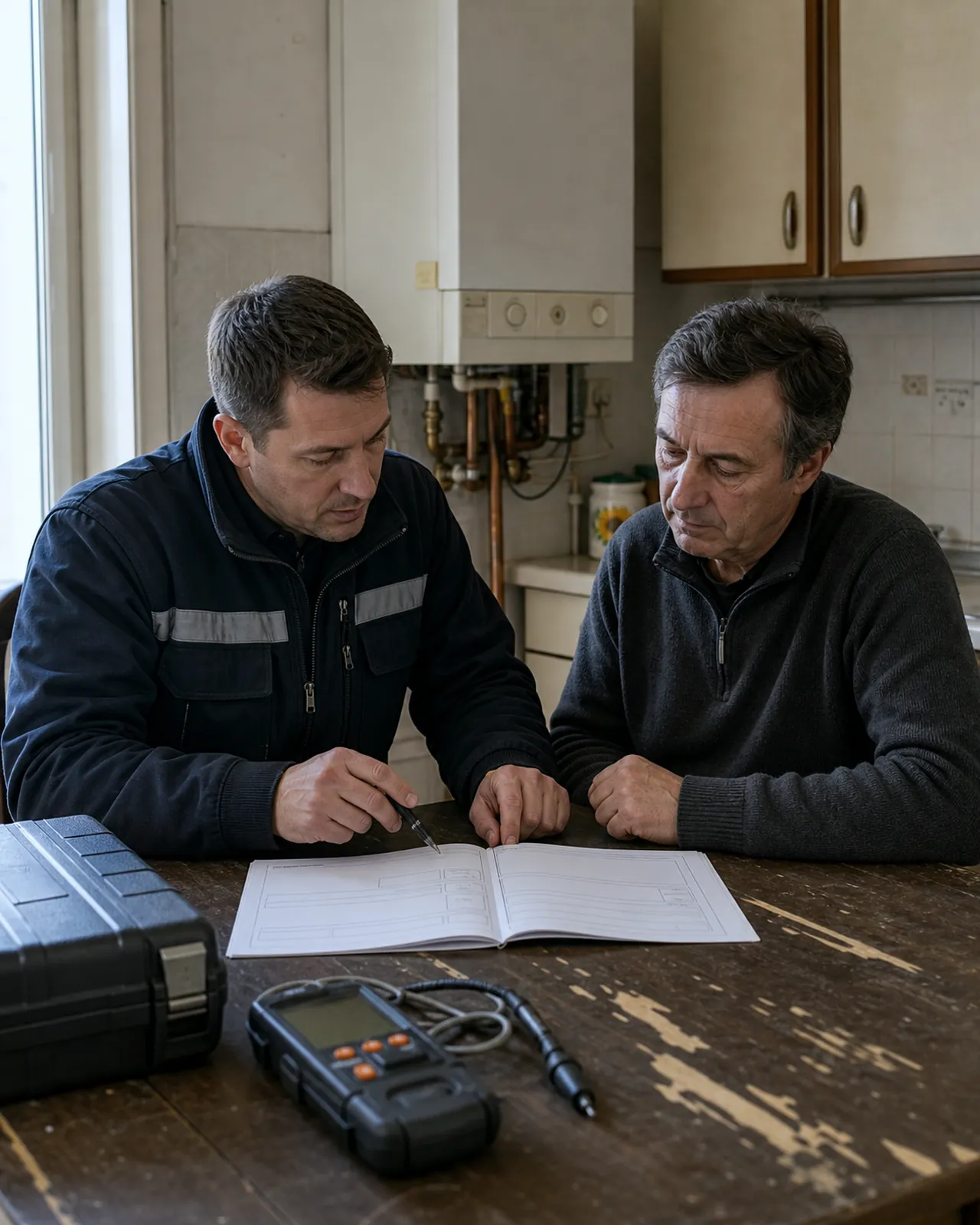 Tecnico aggiorna il libretto della caldaia con il proprietario di casa a Padova