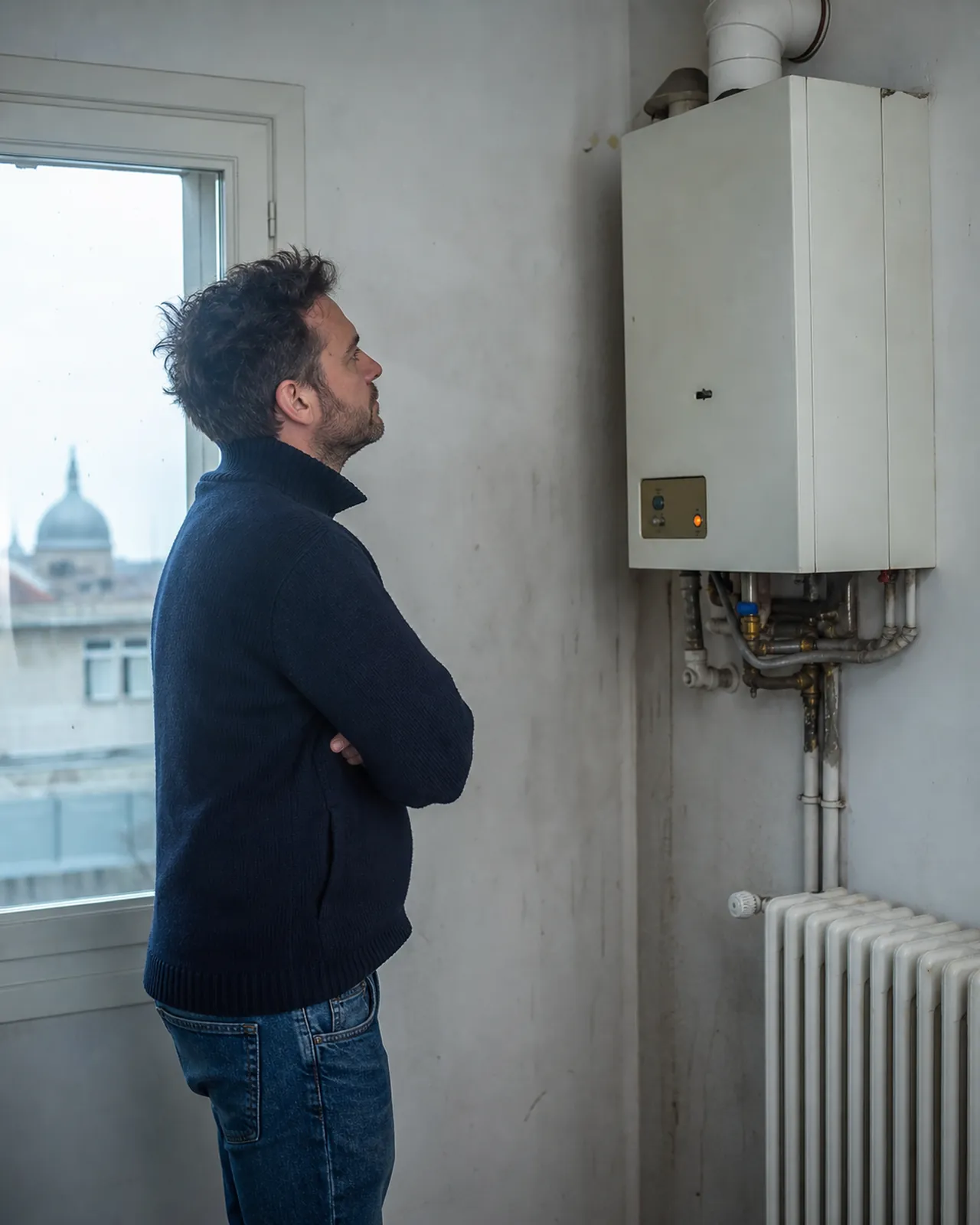 Uomo osserva una caldaia ferma senza aprirla in un appartamento a Padova