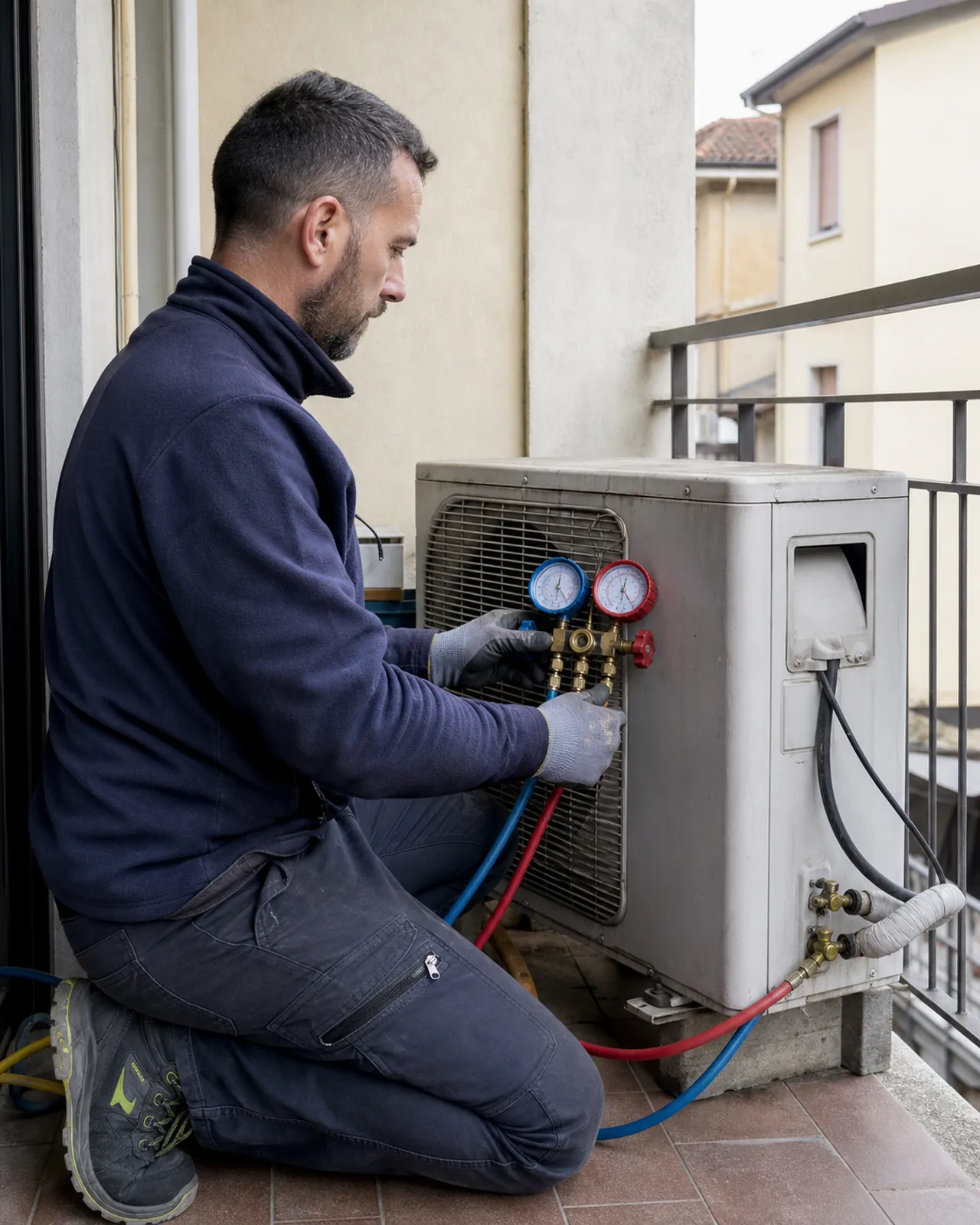 Tecnico della climatizzazione usa i manometri su un condizionatore a Padova