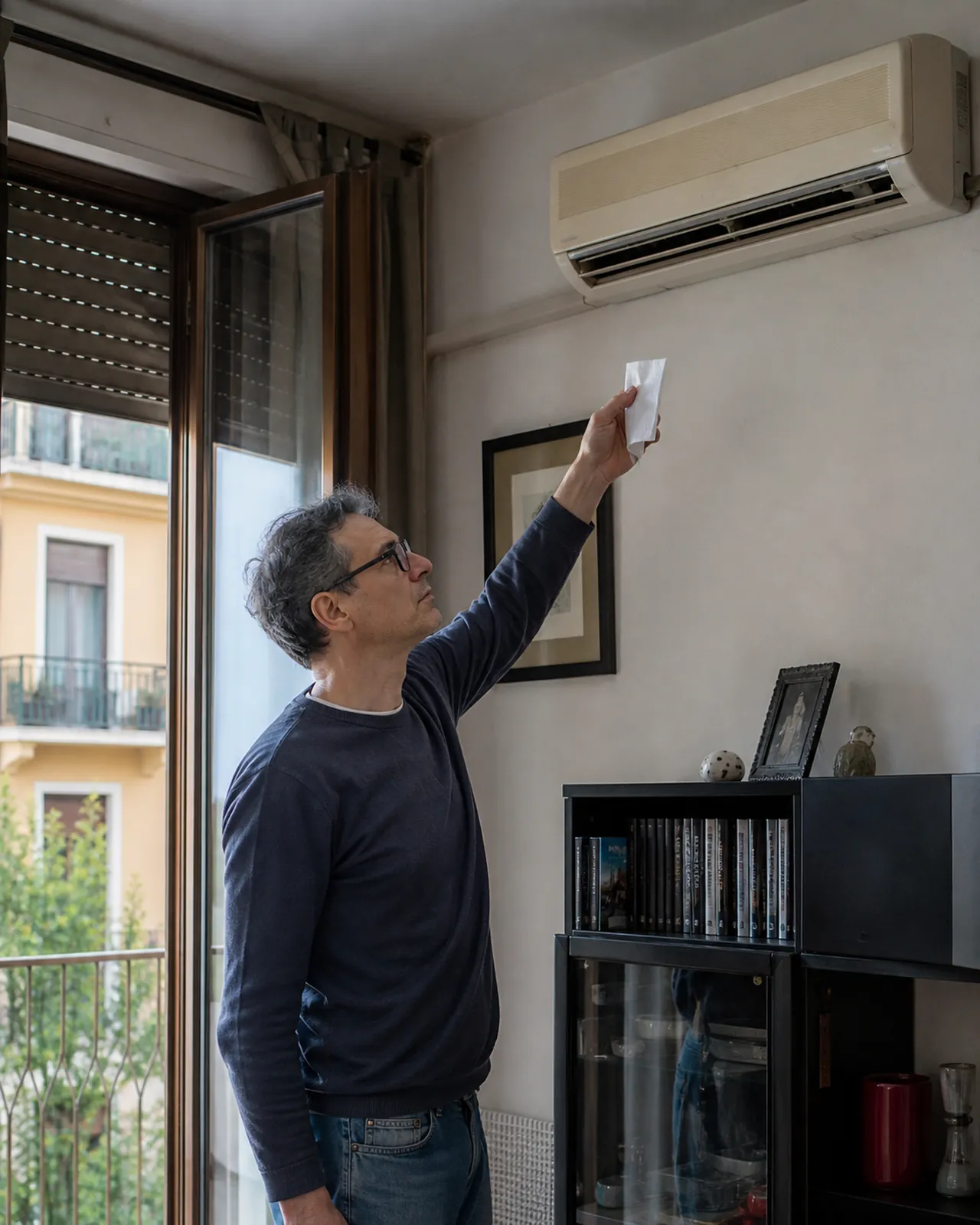 Proprietario osserva il condizionatore prima dell'estate in una casa a Padova