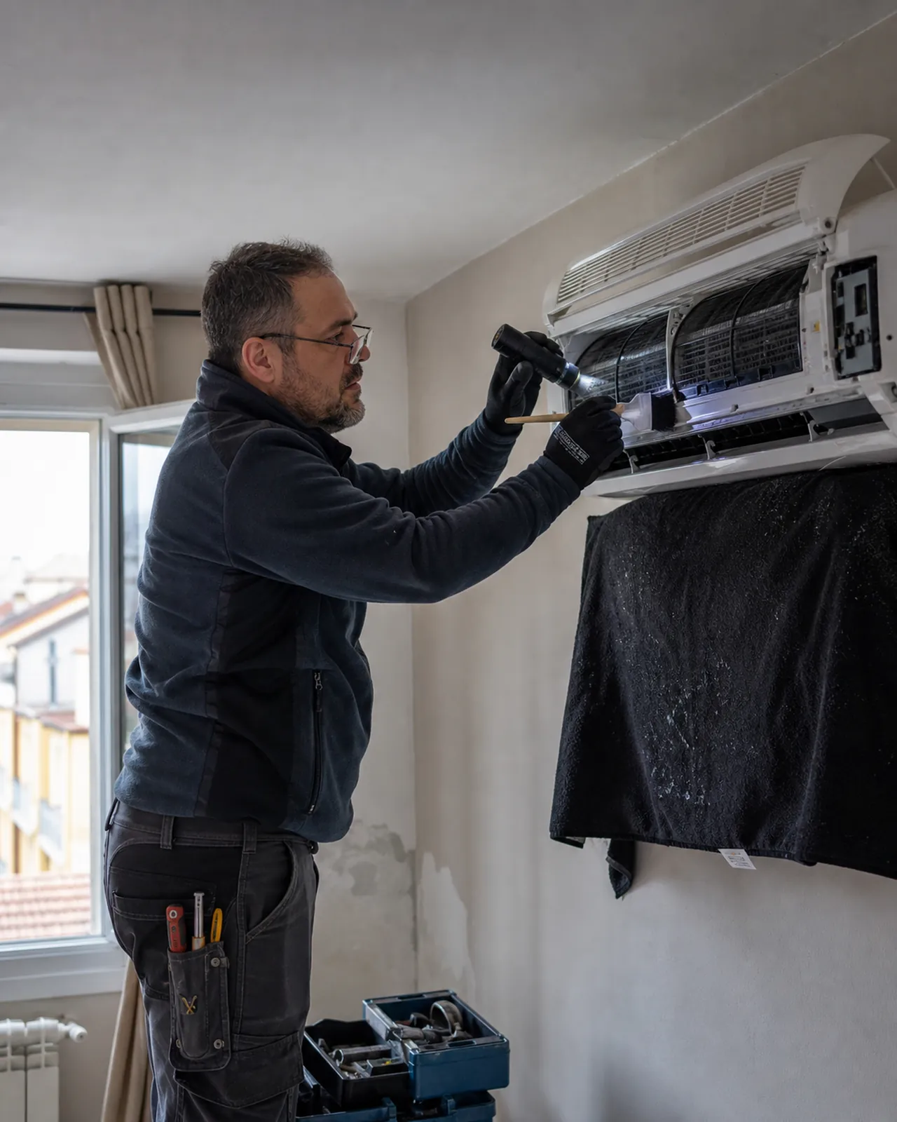 Tecnico controlla e pulisce un condizionatore in un appartamento a Padova