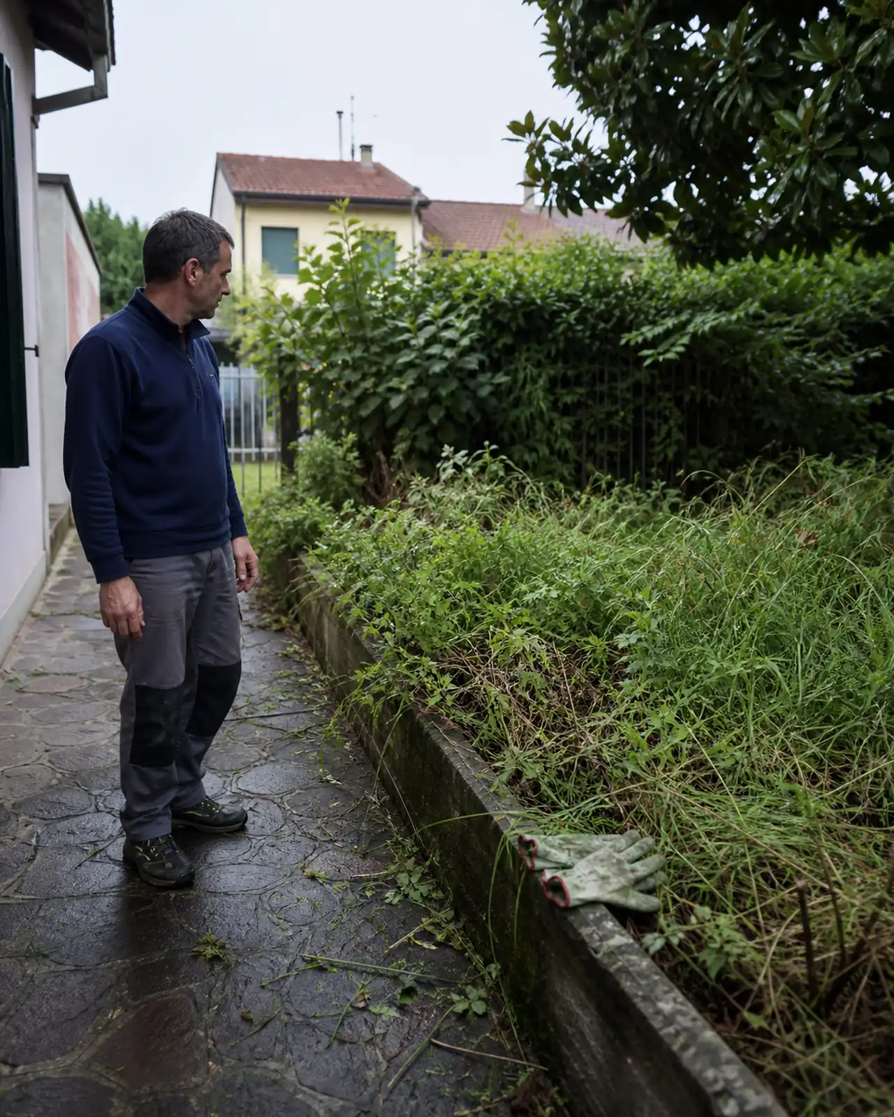 Proprietario osserva siepe ed erba da sistemare in un giardino a Padova