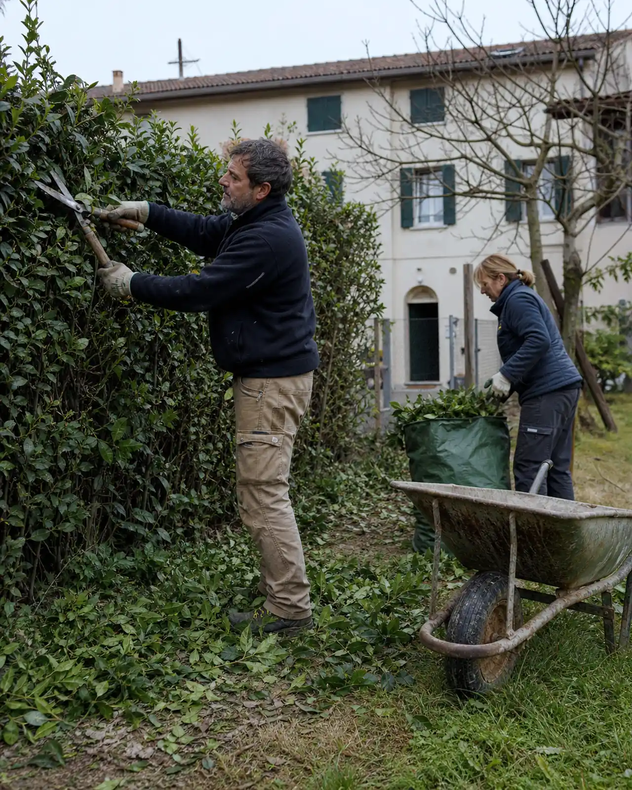 Due persone potano una siepe e raccolgono i rami in un giardino a Padova