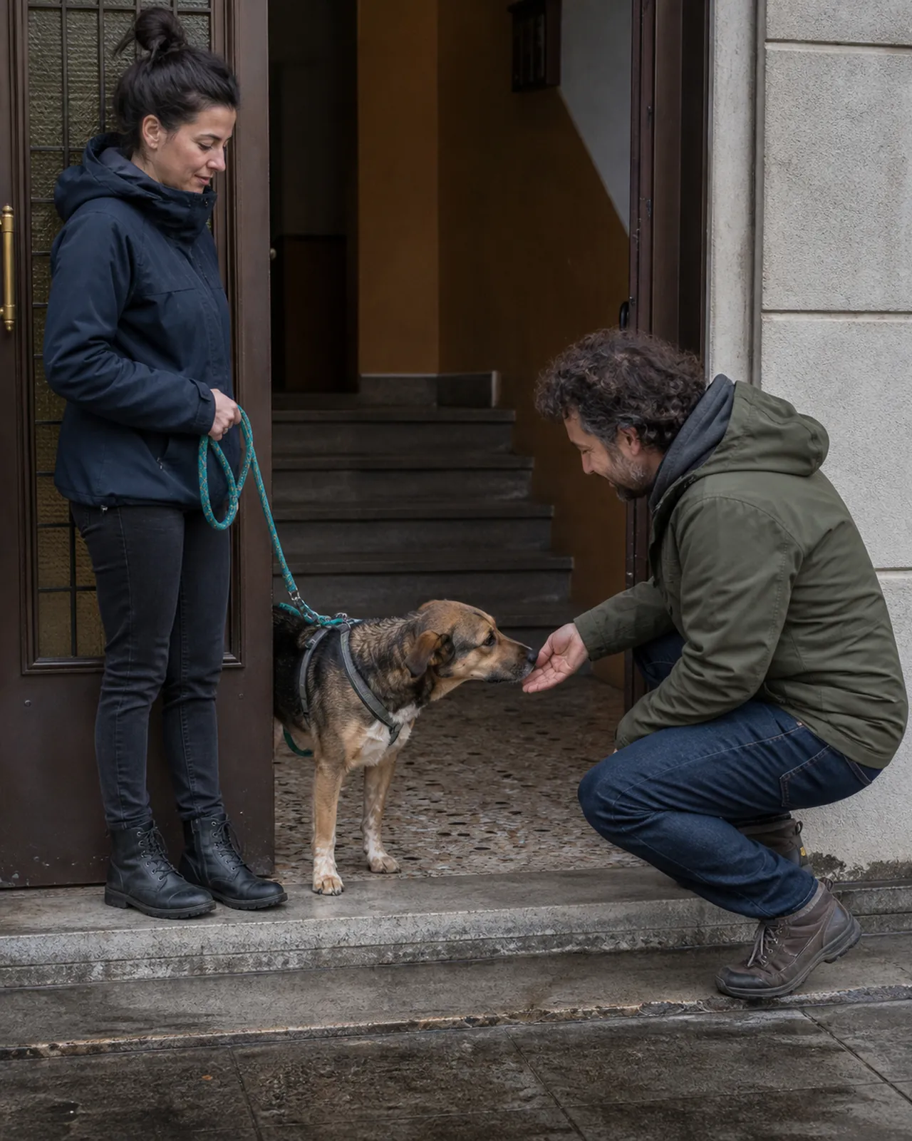 Proprietaria presenta il cane a una possibile dog sitter davanti a casa a Padova