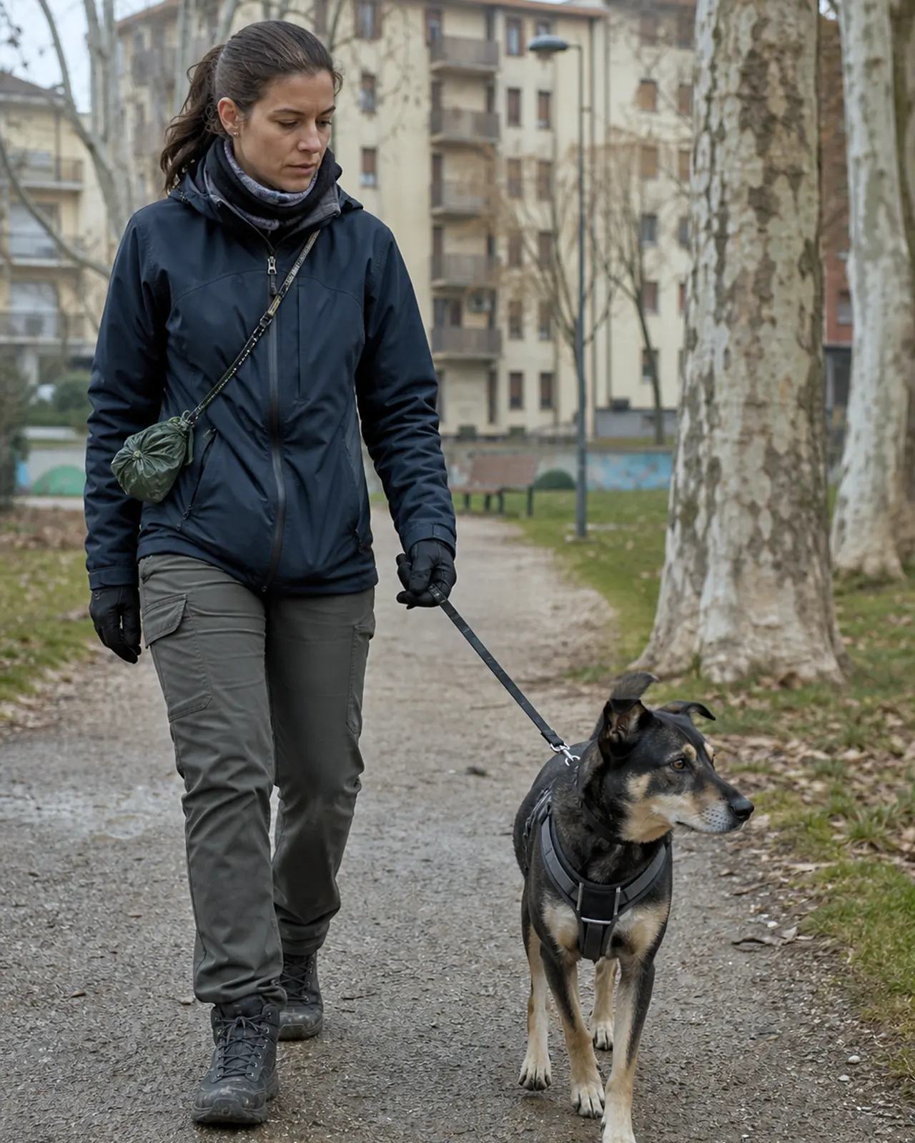 Dog sitter porta un cane al guinzaglio in un parco di Padova