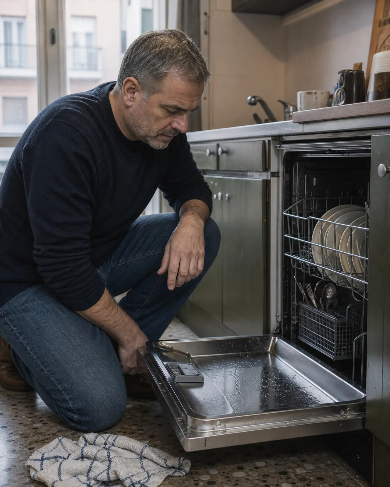 Uomo osserva una lavastoviglie che non scarica in una cucina a Padova