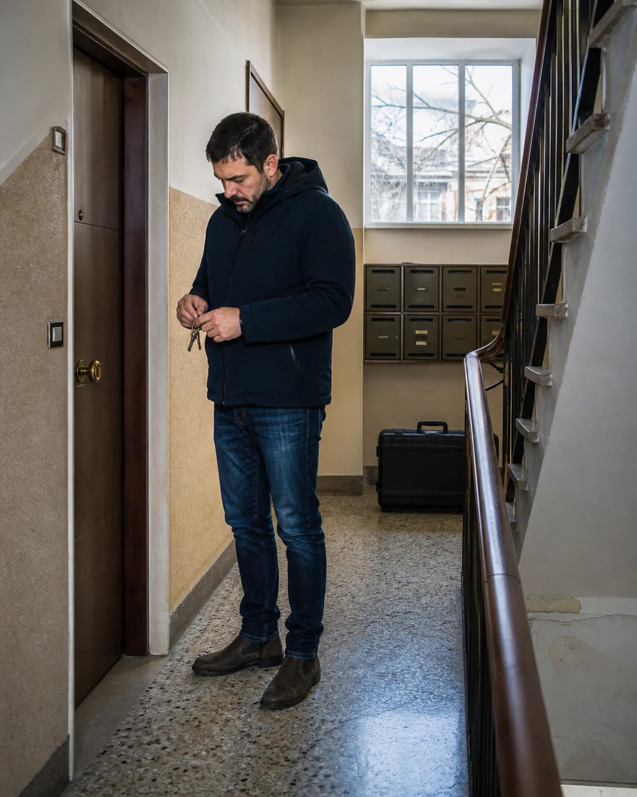 Uomo aspetta un fabbro davanti alla porta chiusa in un condominio a Padova